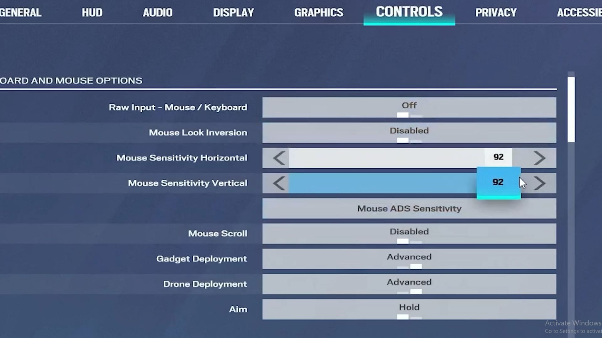 The settings section in Rainbow Six Siege (Image via Ubisoft)