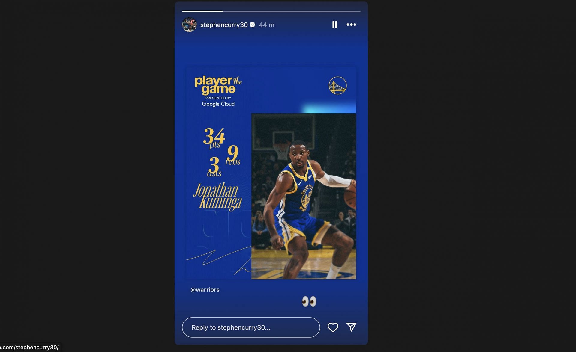 Steph Curry&#039;s IG story for Jonathan Kuminga