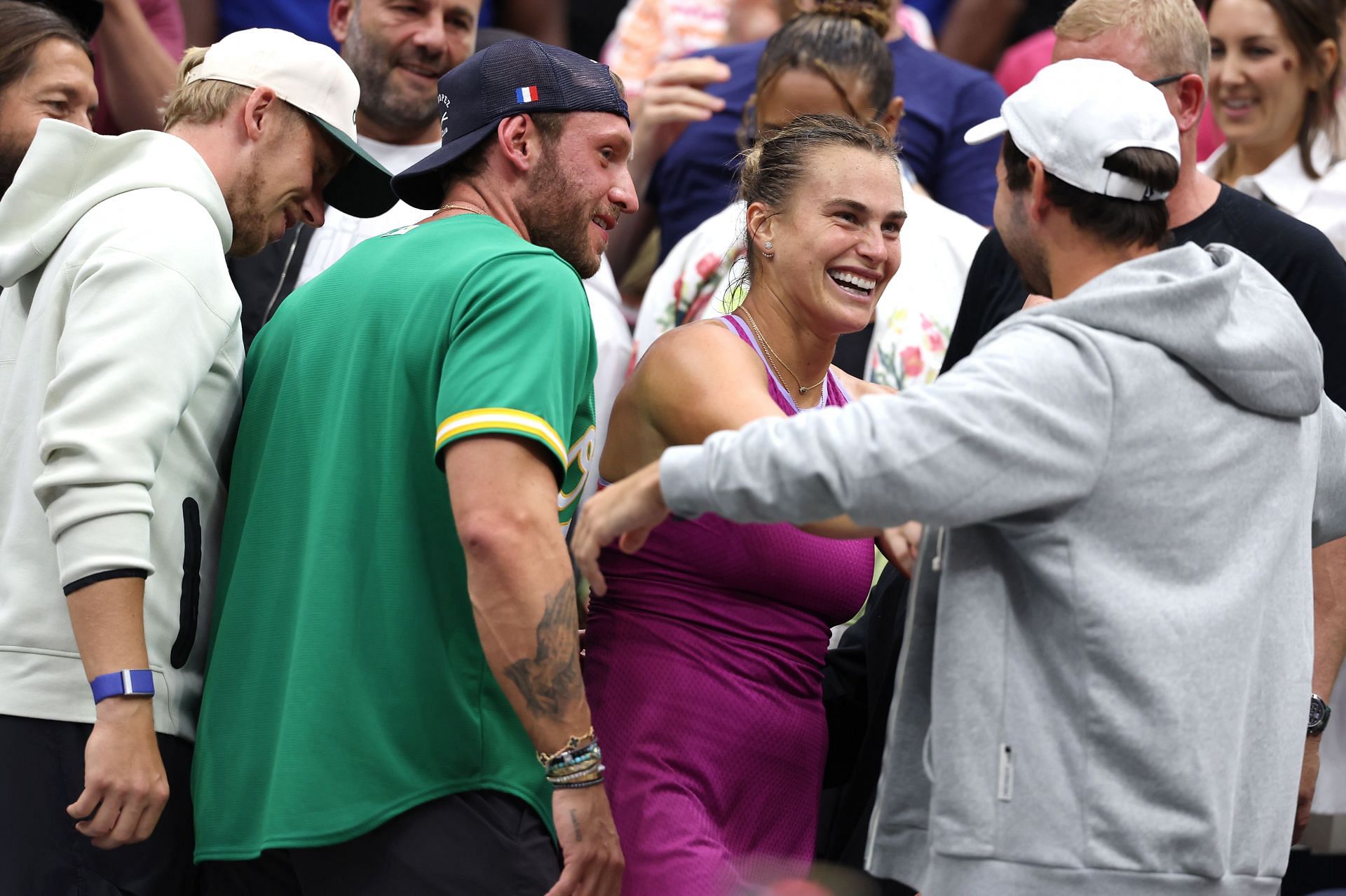 Aryna Sabalenka (second from right) celebrates her 2024 US Open title triumph with her team (Source: Getty)