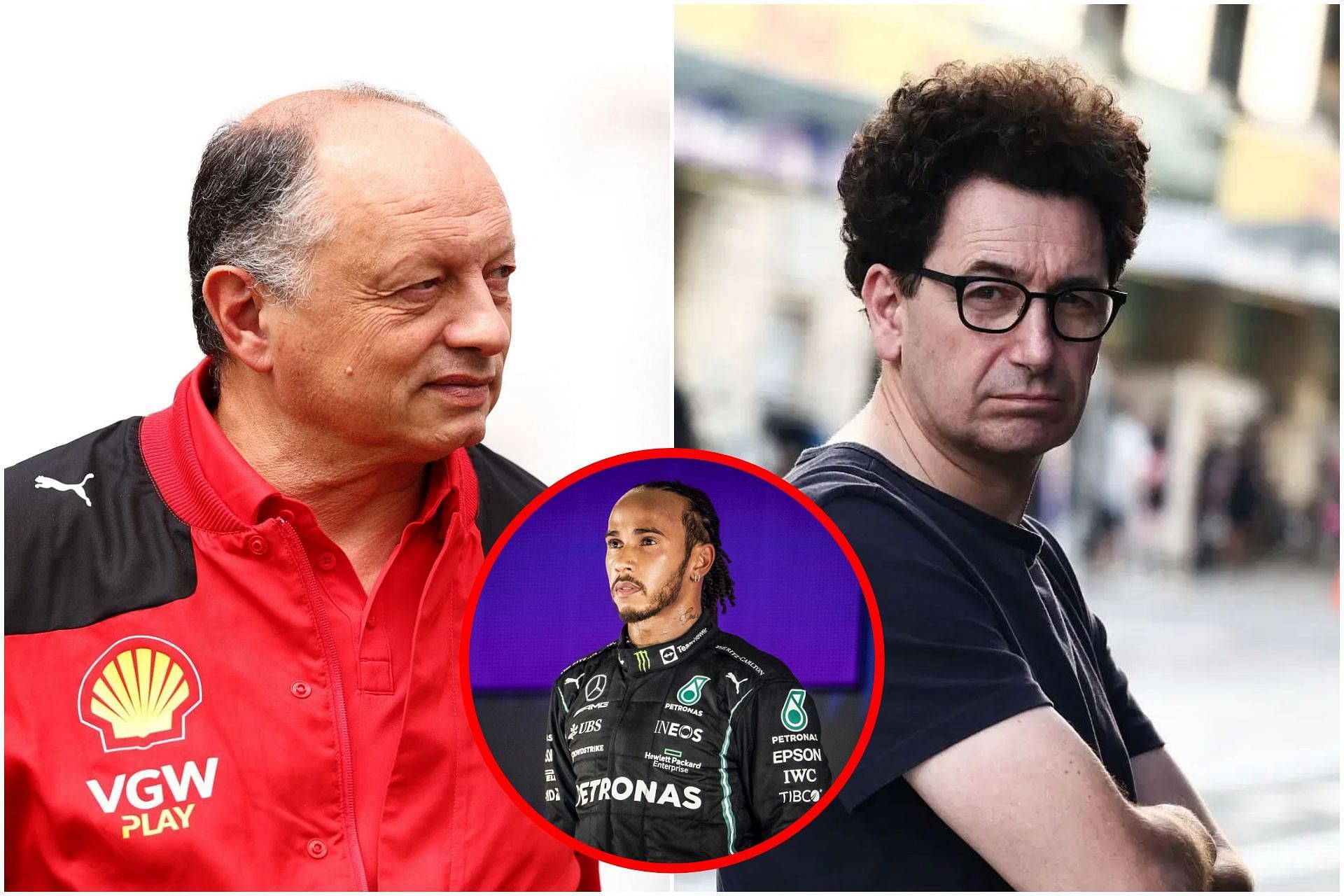 Frederic Vasseur (L), Lewis Hamilton (C), and Mattia Binotto (R) (Images via Getty)