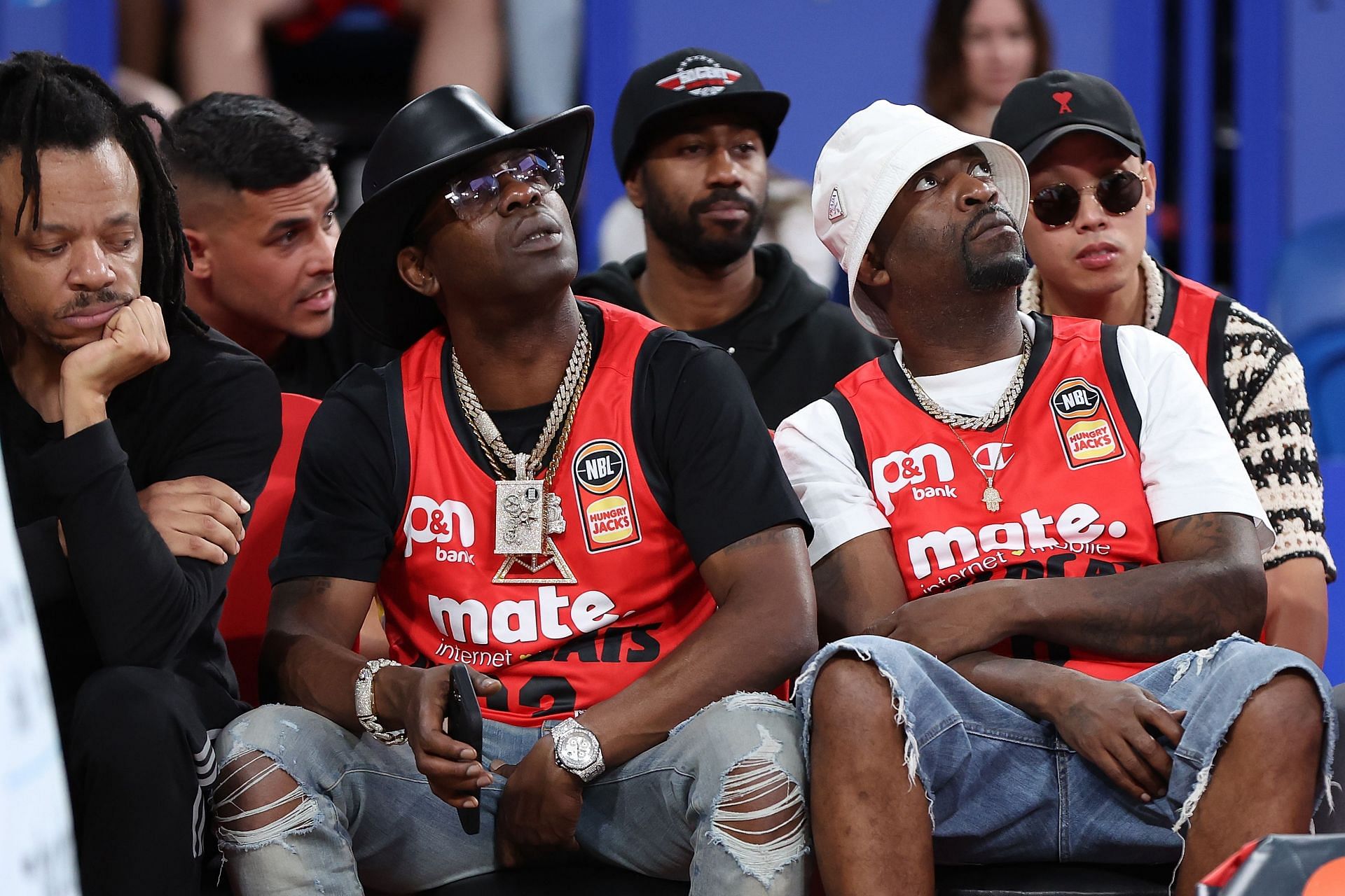 Uncle Murda and Tony Yayo look on during the round nine NBL match between Perth Wildcats and Sydney Kings at RAC Arena on December 01, 2023, in Perth, Australia. (Photo by Paul Kane/Getty Images)