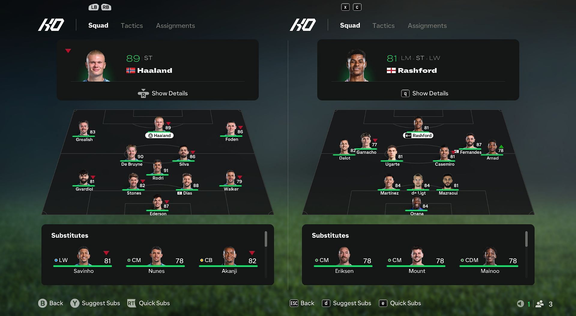 Man City vs Man United in EA FC 25: Player attributes comparison (Image via EA Sports)