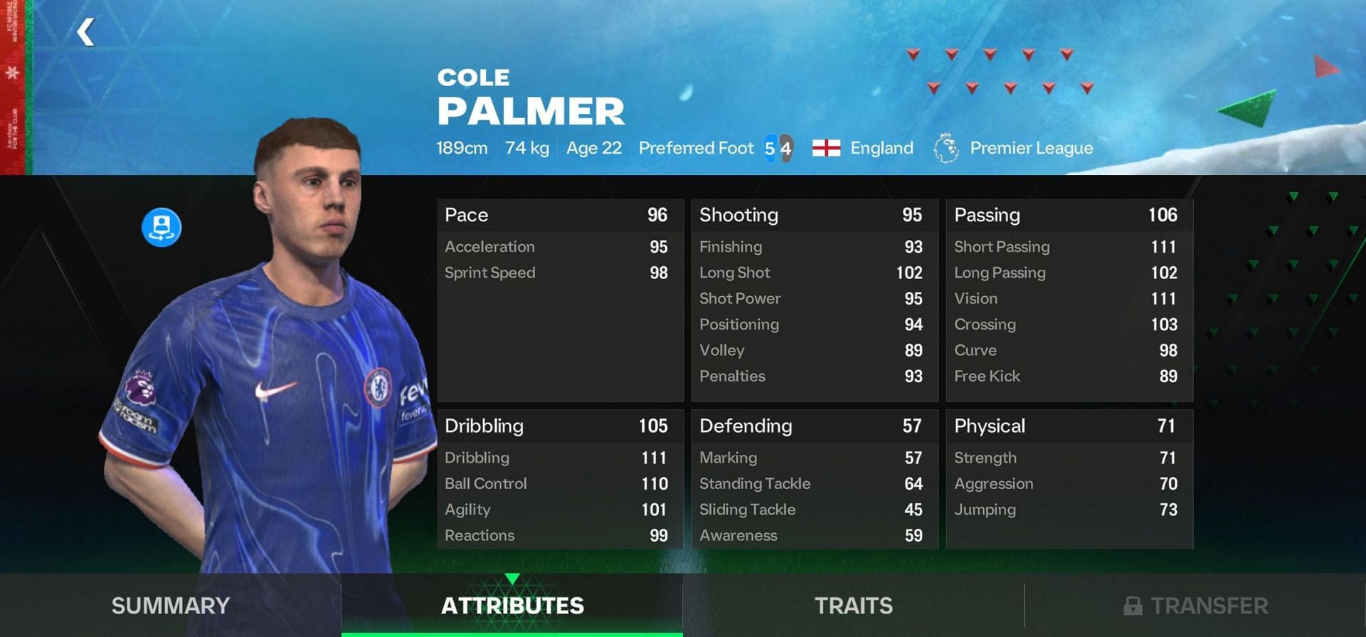 Cole Palmer card attributes (Image via EA Sports)