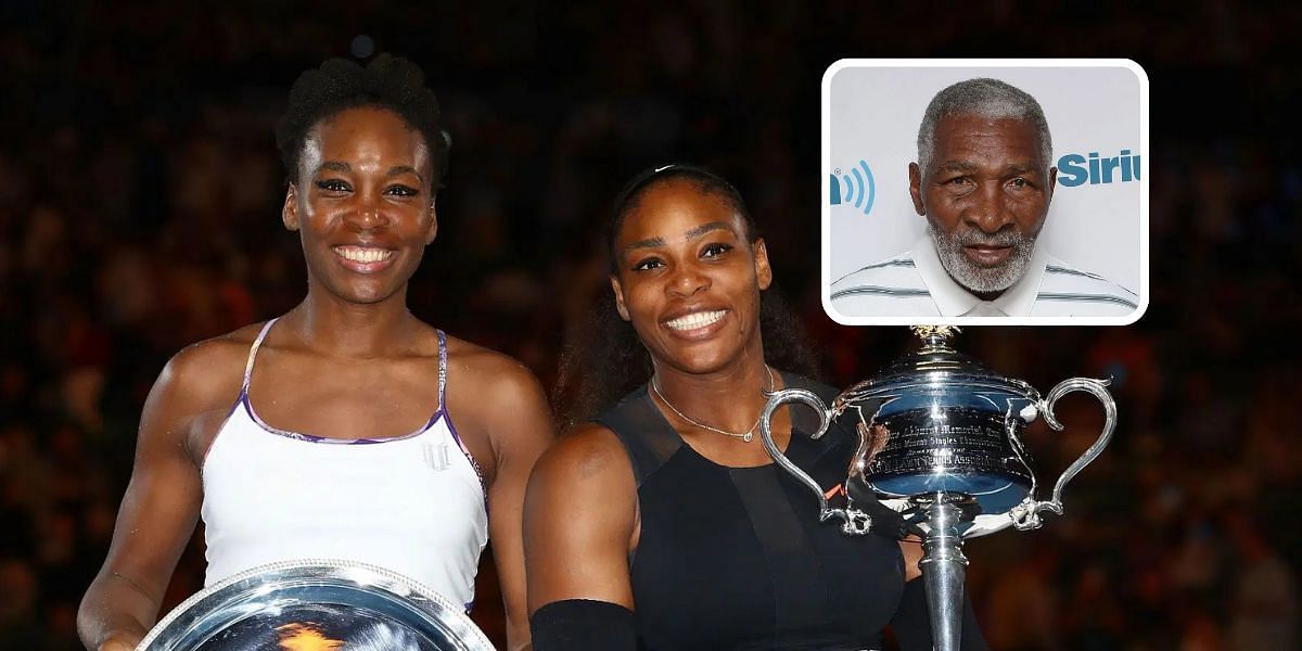 Venus Williams and Serena Williams (background), Richard Williams (top right inset), Sources: Getty