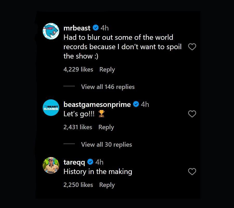 Comments on the page (Image via MrBeast/Instagram)