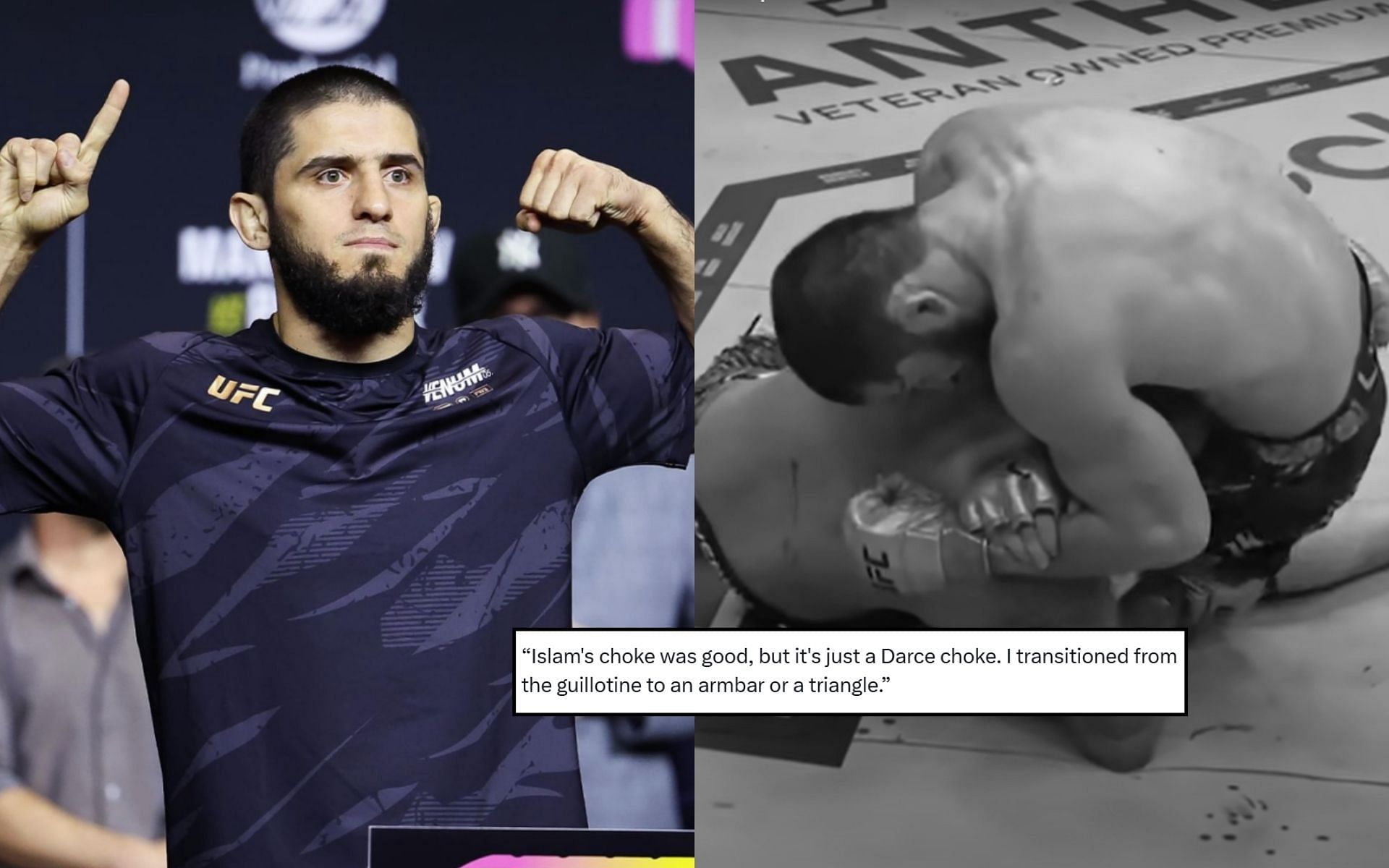 A popular UFC lightweight dismisses (insert) Islam Makhachev (left) and his submission of Dustin Poirier this year (right). [Image credit: @islam_makhachev on Instagram, @Home_of_Fight on X, UFC Eurasia on YouTube]