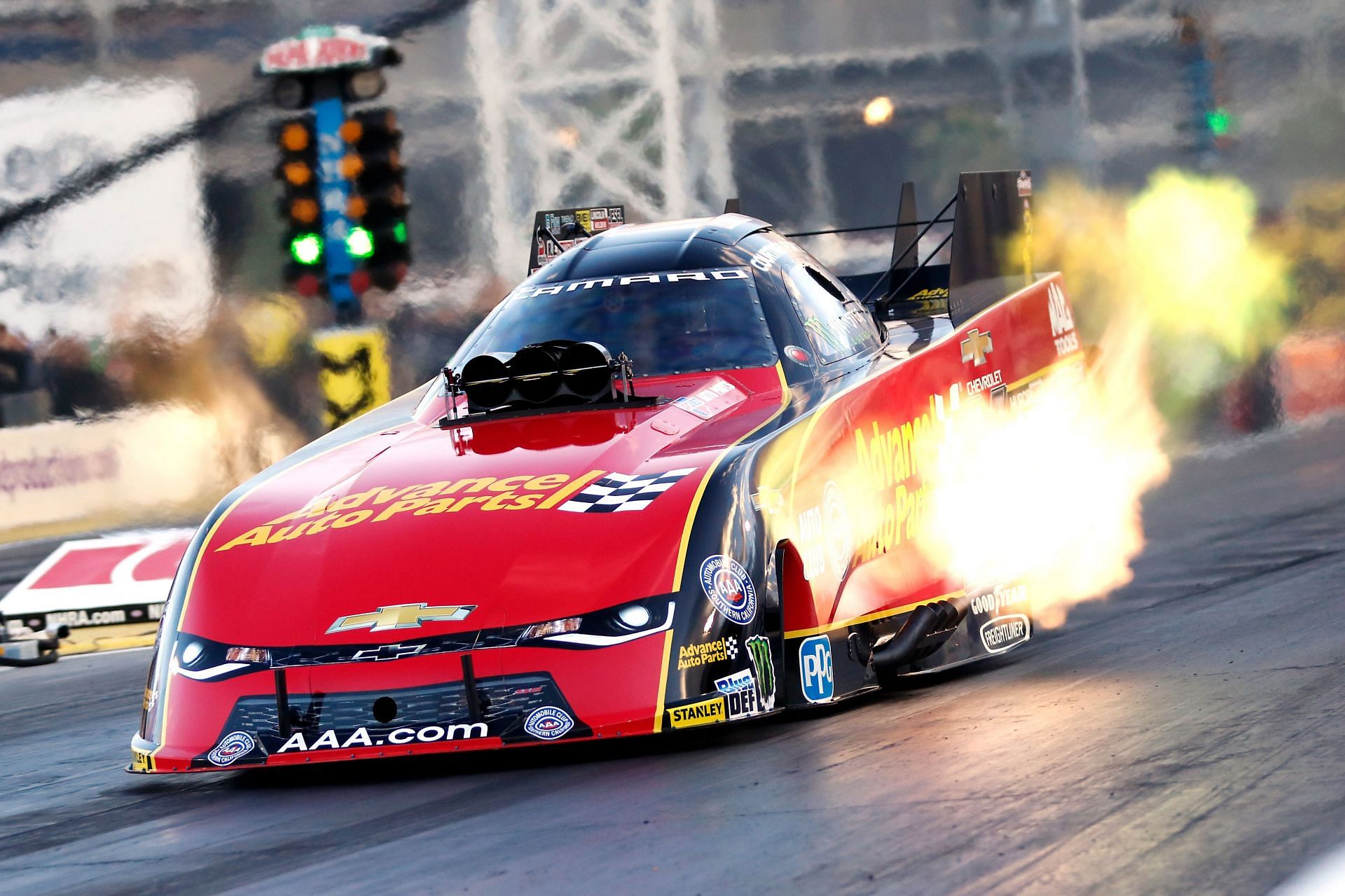 Courtney Force drives her Chevrolet during the DENSO Spark Plugs NHRA Nationals - Source: Getty