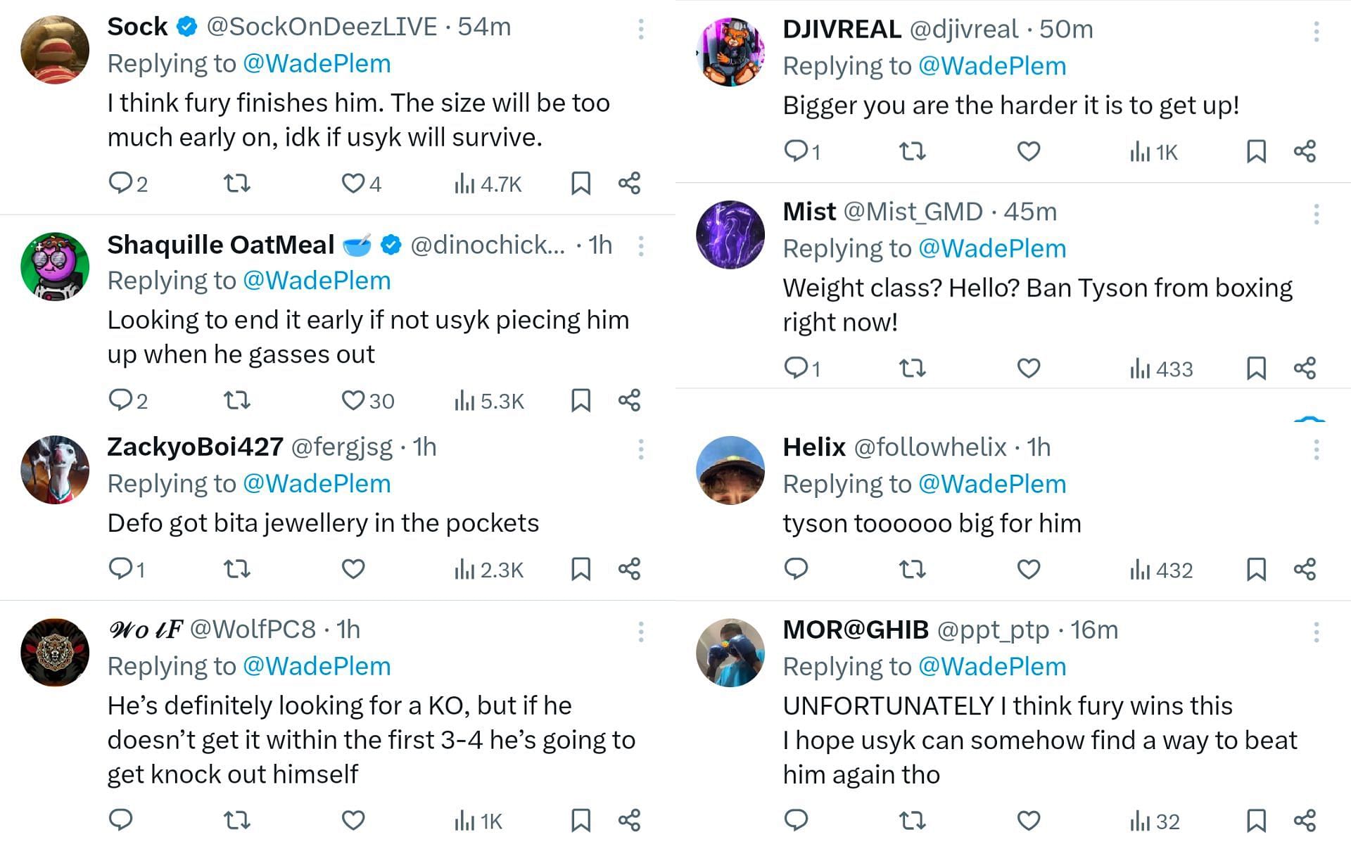 Screenshhots of fan reactions to Oleksandr Usyk vs. Tyson Fury 2 weigh-in results