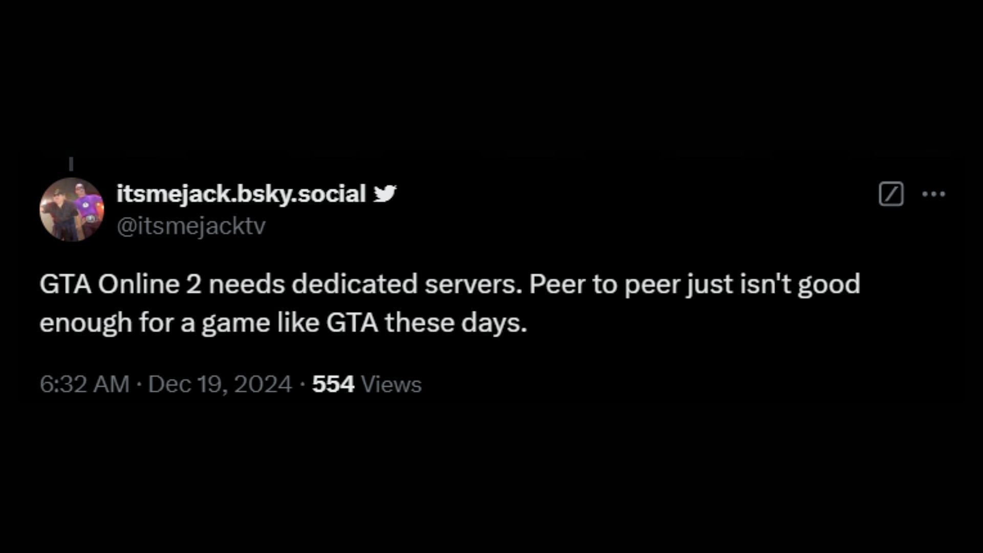 X user itsmejack.bsky.social wanted dedicated servers in GTA Online 2 (Image via Rockstar Games)