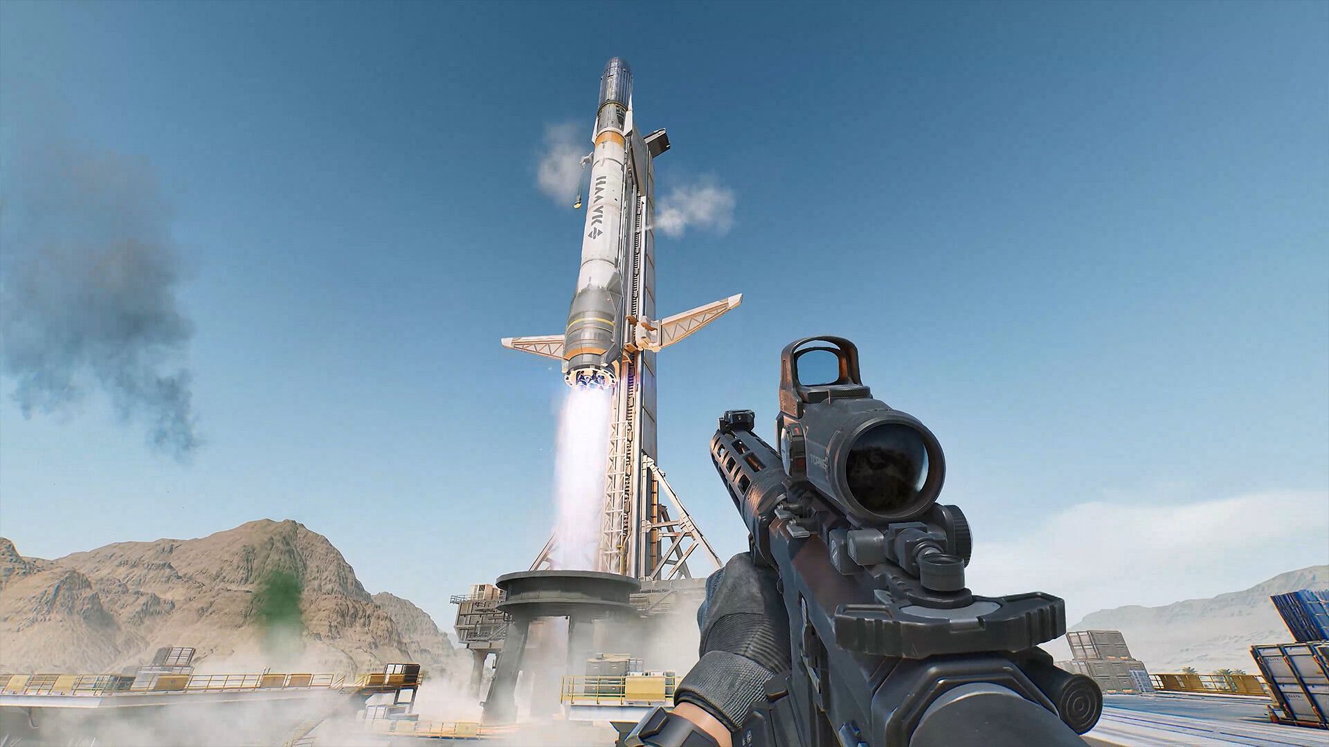 An Operator in Delta Force with a weapon loadout in their hands, looking at a rocket about to take off w