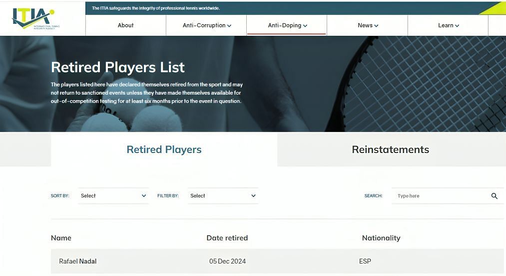 Rafael Nadal&#039;s name now appears on the ITIA&#039;s list of retired players. (Screenshot of the ITIA website)