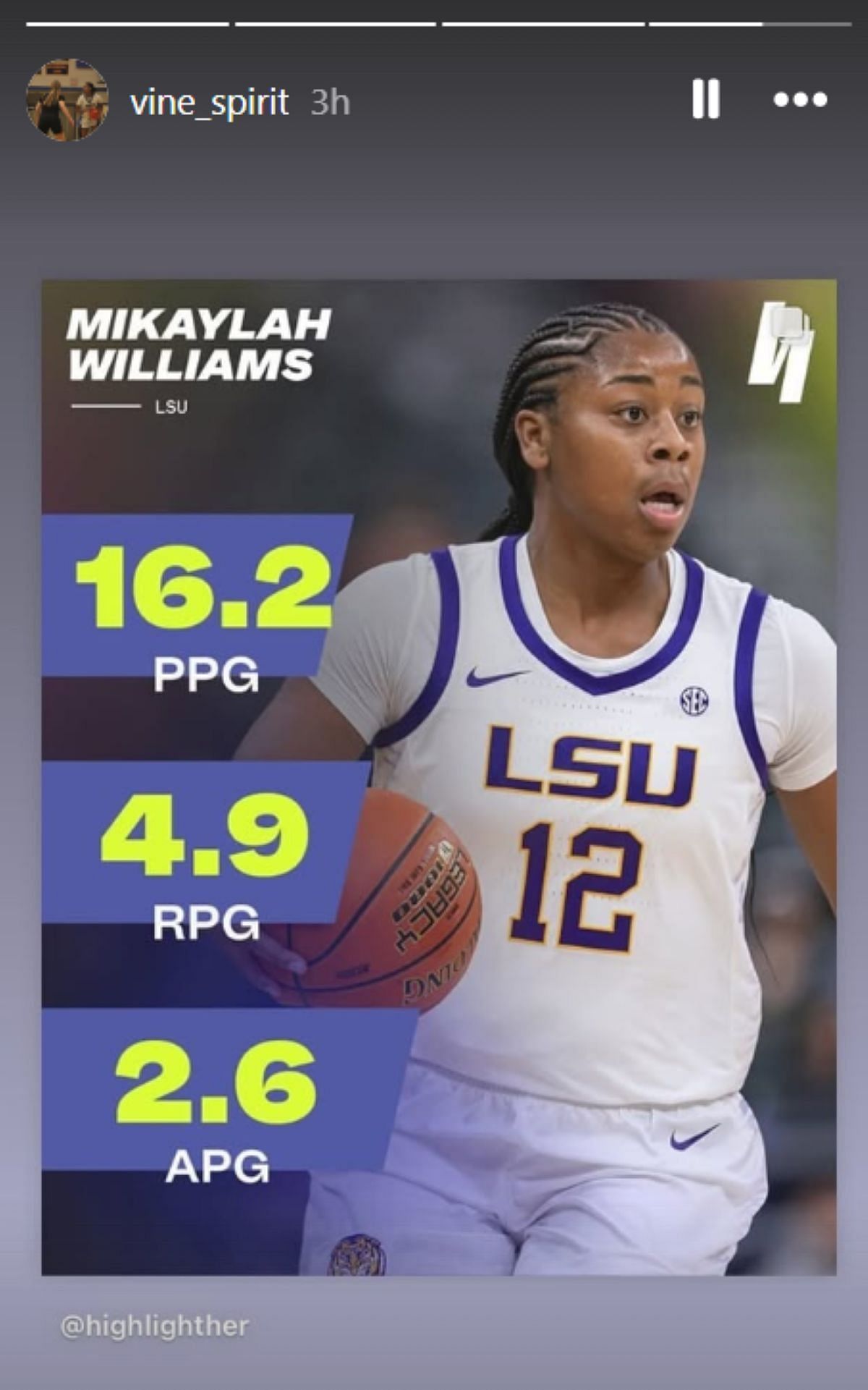 5-star commit Divine Bourrage reshares post to show support for LSU&#039;s Mikaylah Williams in best sophomore season debate (Image: IG/vine_spirit)