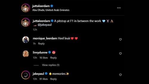 Screenshot of the comment in question from Jutta Leerdam's Instagram post (Image from - Instagram.com/@juttaleerdam)