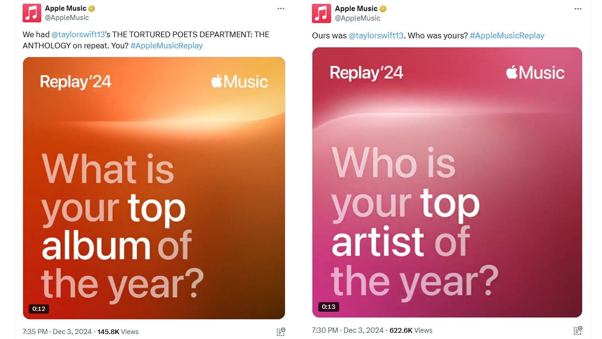 Apple Music announces Taylor Swift and TTPD as the most streamed artist and album of 2024 (Image via X/ @AppleMusic)