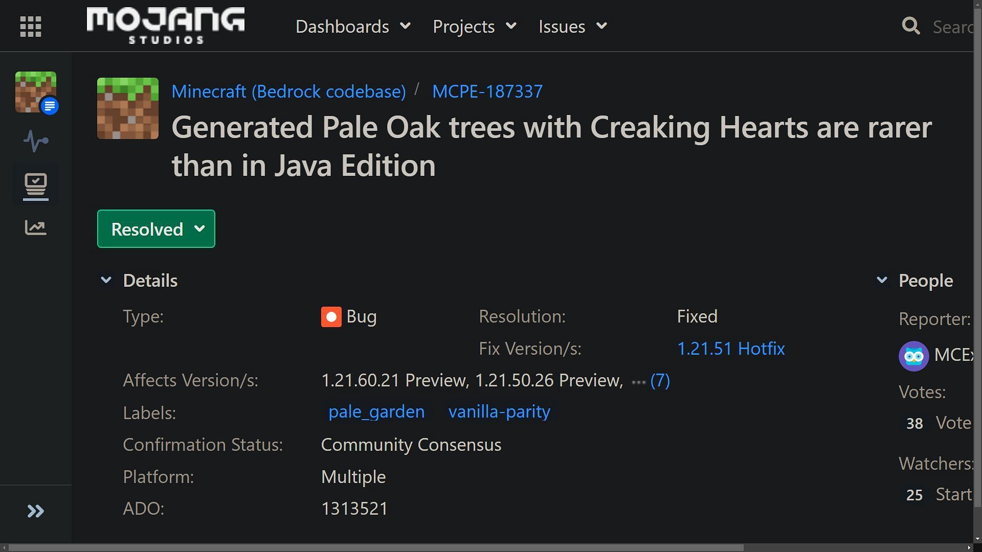 A bug was reported that pale oak trees were not generating enough creaking hearts in Bedrock Edition (Image via Mojang bug tracker)