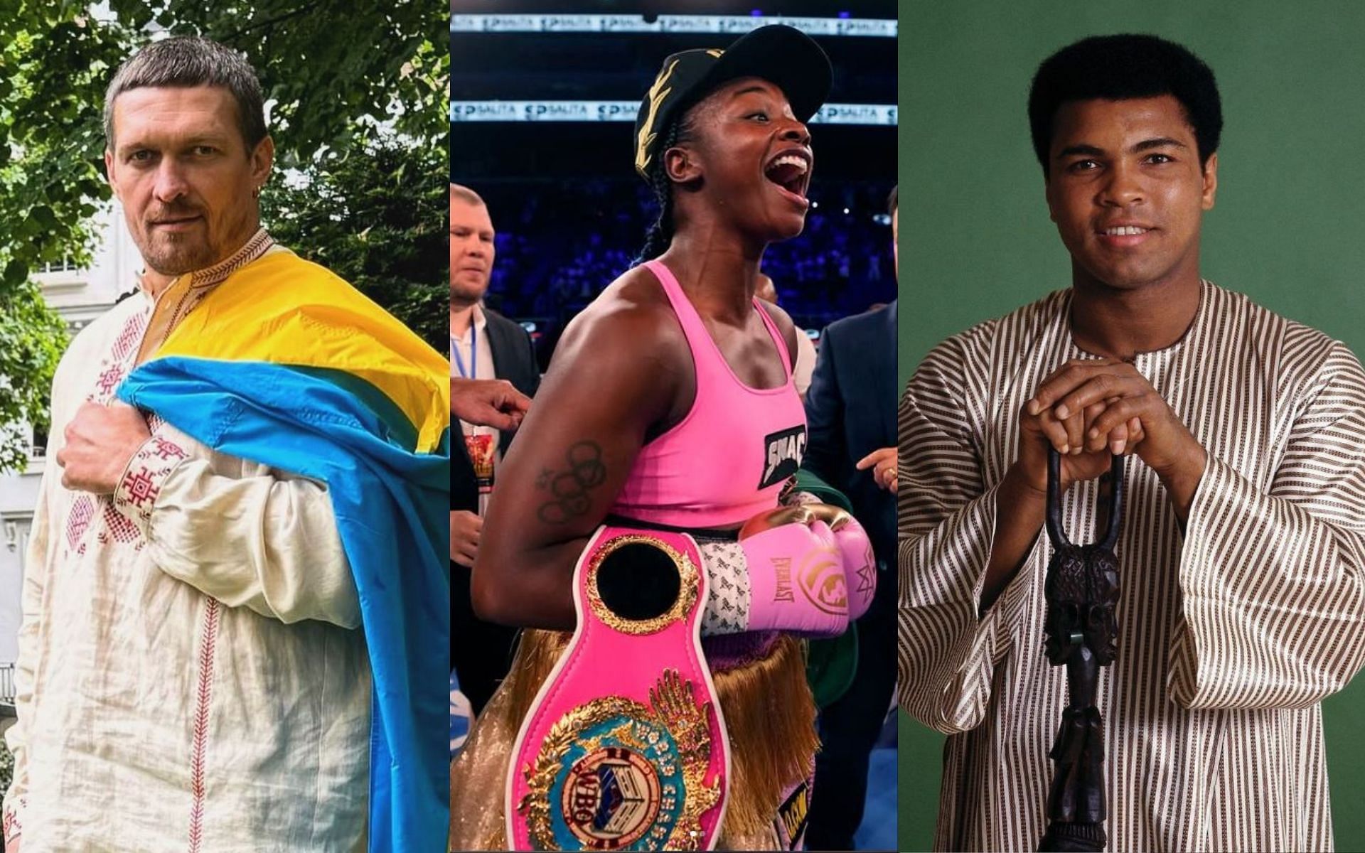 Claressa Shields (center) reacts to mind-blowing facts about Oleksandr Usyk (left) and Muhammad Ali (right). [Image credit: @usykaa, @claressashields, @muhammadali on Instagram]