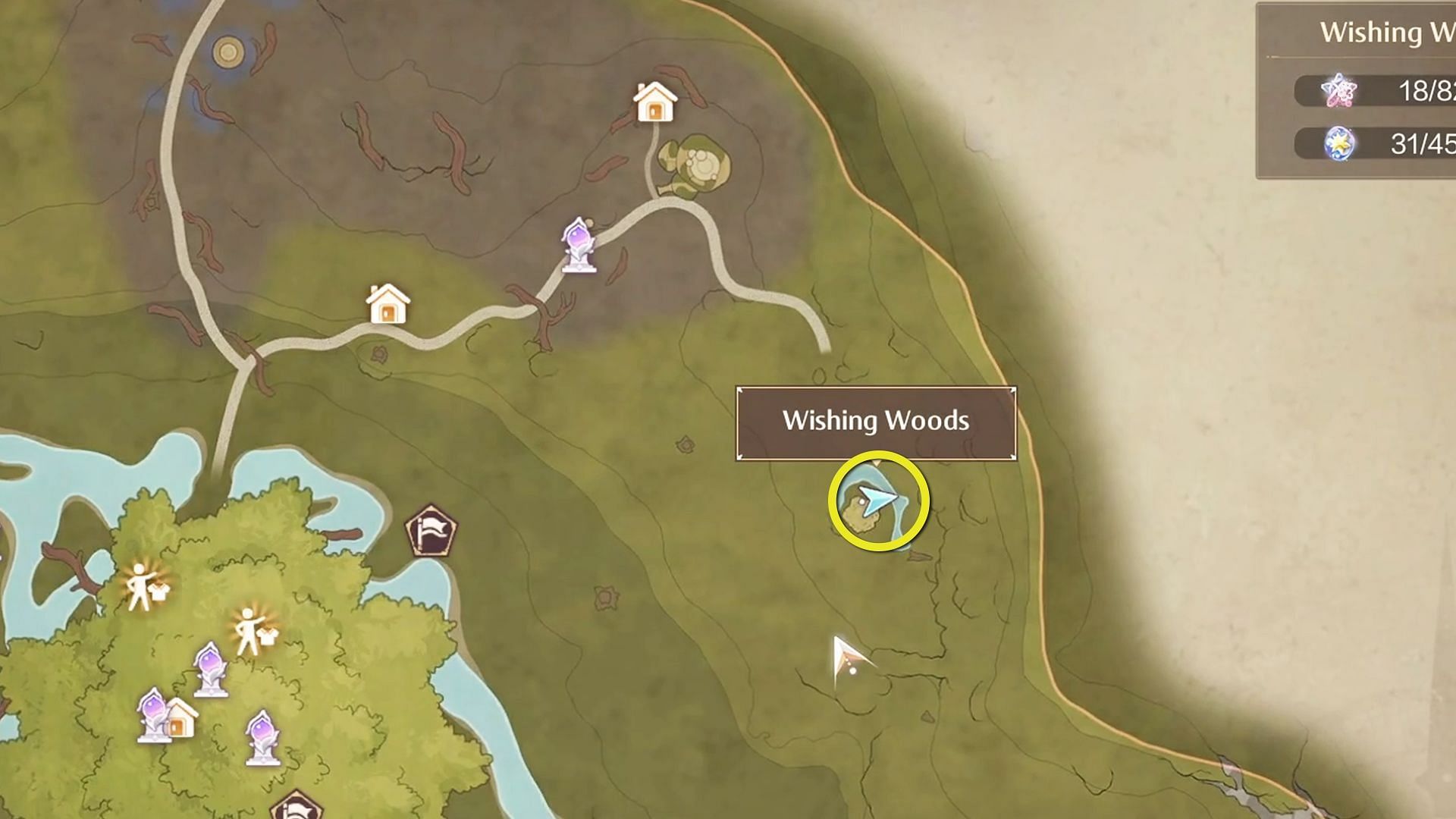 Location of the Dawn Fox in Wishing Woods (Image via Infold Games)