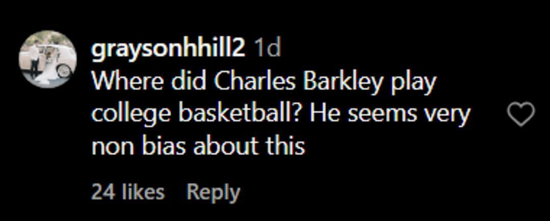 Fan comments on Charles Barkley's thoughts on the Duke vs Auburn game via Instagram. (Instagram)