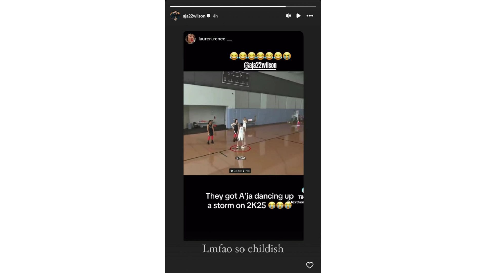 Wilson reacts to her avatar&#039;s dance moves in NBA2k. Photo Credit: A&#039;ja Wilson IG account