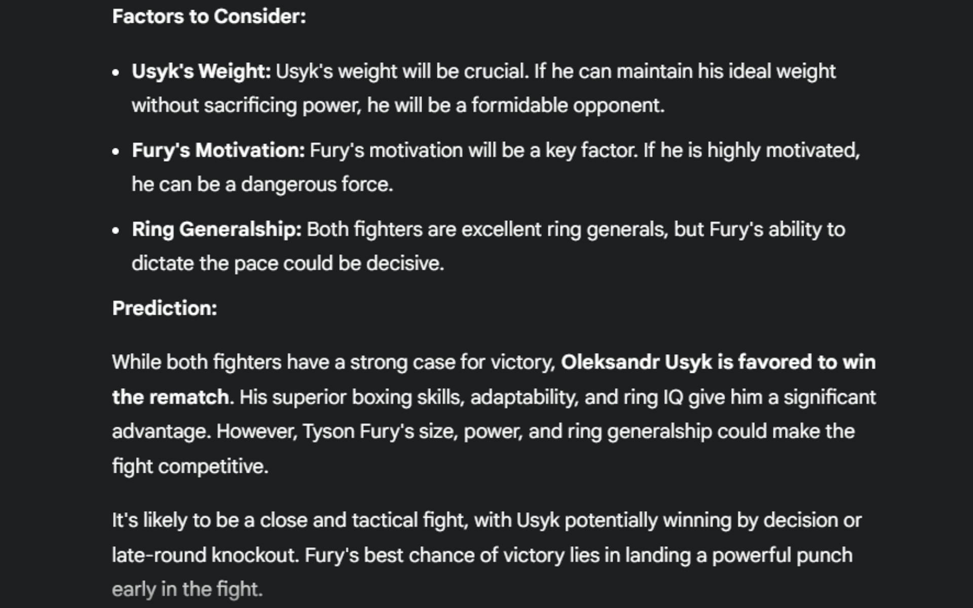 Screenshot of Google&#039;s AI prediction for the Oleksandr Usyk vs. Tyson Fury rematch