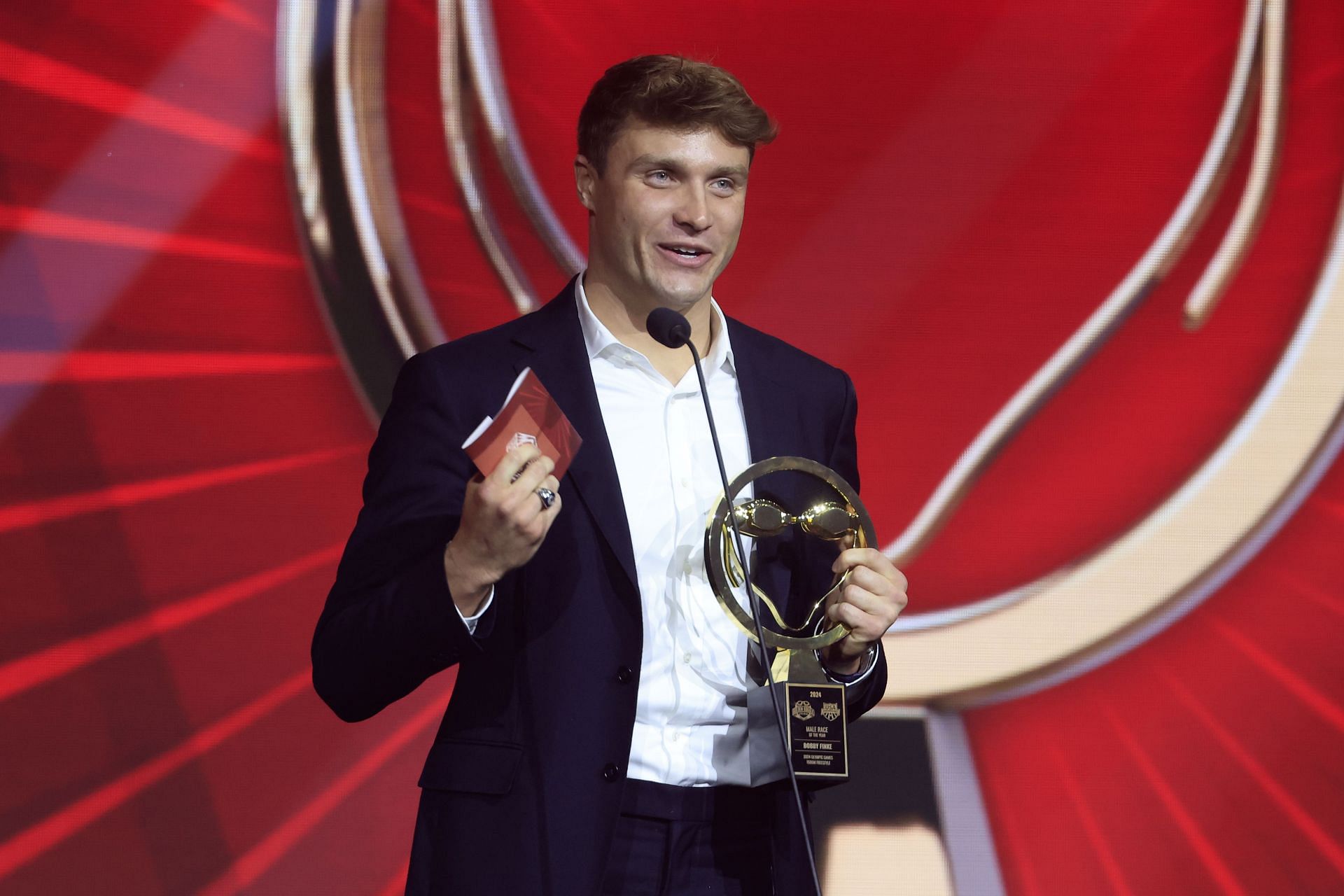 Finke after winning the Male Race of the Year award at the 2024 Golden Goggles awards in Indianapolis (Image via: Getty Images)