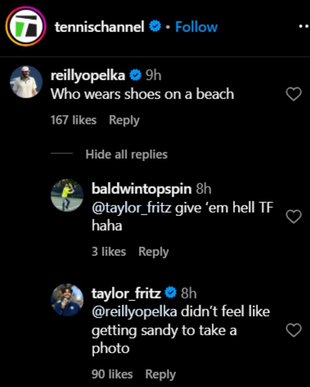 Reilly Opelka&#039;s comment on Taylor Fritz&#039;s photoshoot - Source: via @tennischannel on Instagram