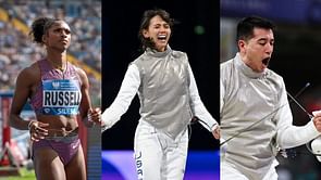 In Pictures: Olympic medalists Masai Russell, Lee Kiefer and Gerek Meinhardt honored as they attend alma mater Kentucky Wildcats' basketball fixture