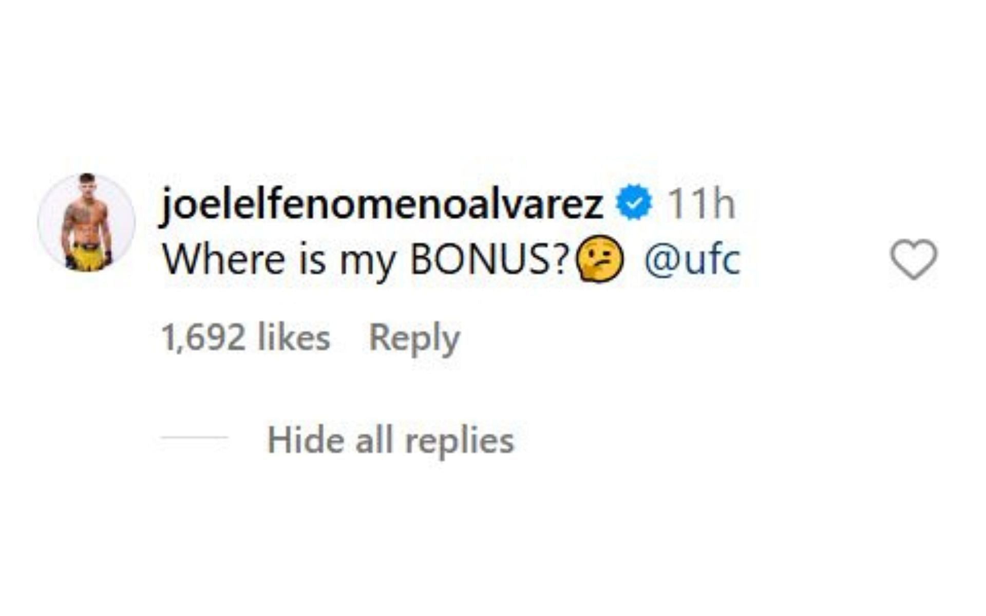 Joel Alvarez&#039;s comment. [Image credit: @ufc on Instagram]