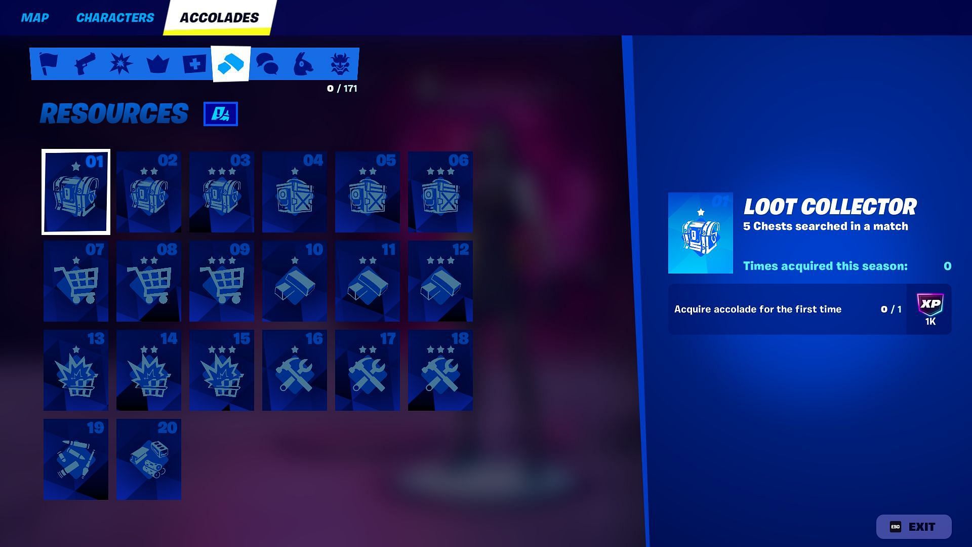 List of all Resources Accolades in Fortnite Chapter 6 Season 1 (Image via Epic Games)