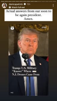 Danica Patrick's Instagram story. Credit: Danica Patrick on Instagram.