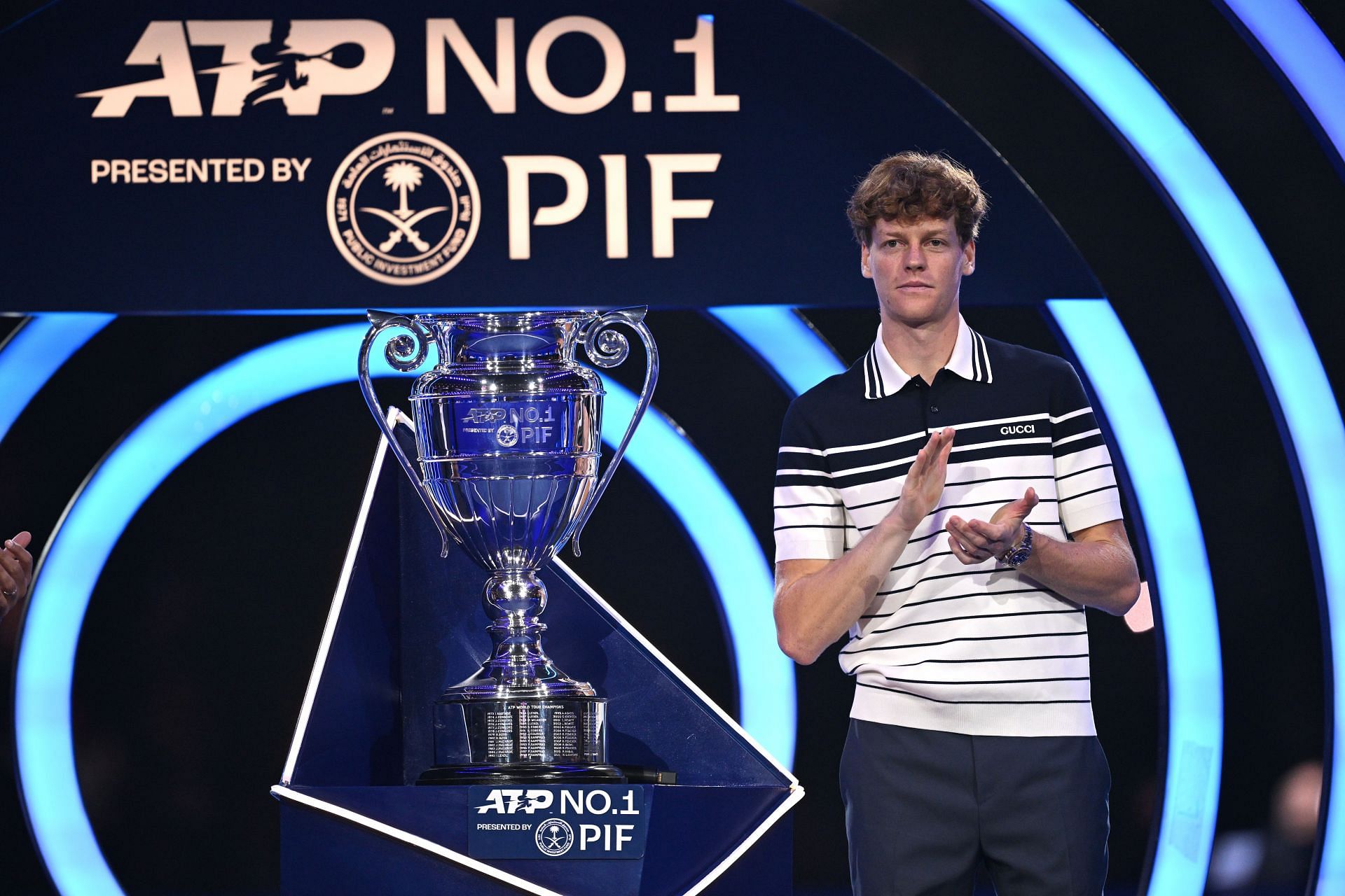 Sinner pictured with his maiden year-end World No. 1 trophy at the 2024 ATP Finals - Image Source: Getty