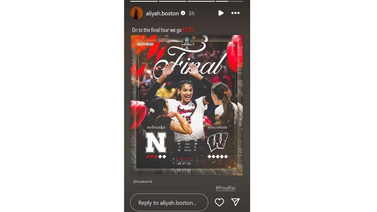 WNBA star Aliyah Boston reacts to Nebraska&#039;s win over Wisconsin in college women&#039;s volleyball. [photo: @aliyah.boston/IG]