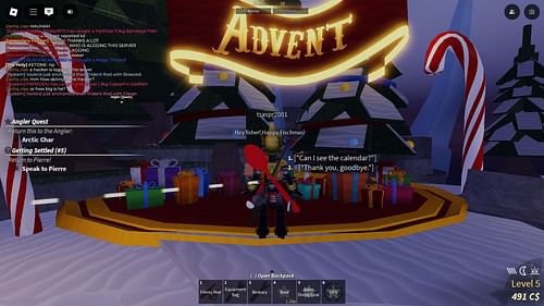 Interact with Tom Elf to open the Advent Calendar (Image via Roblox)