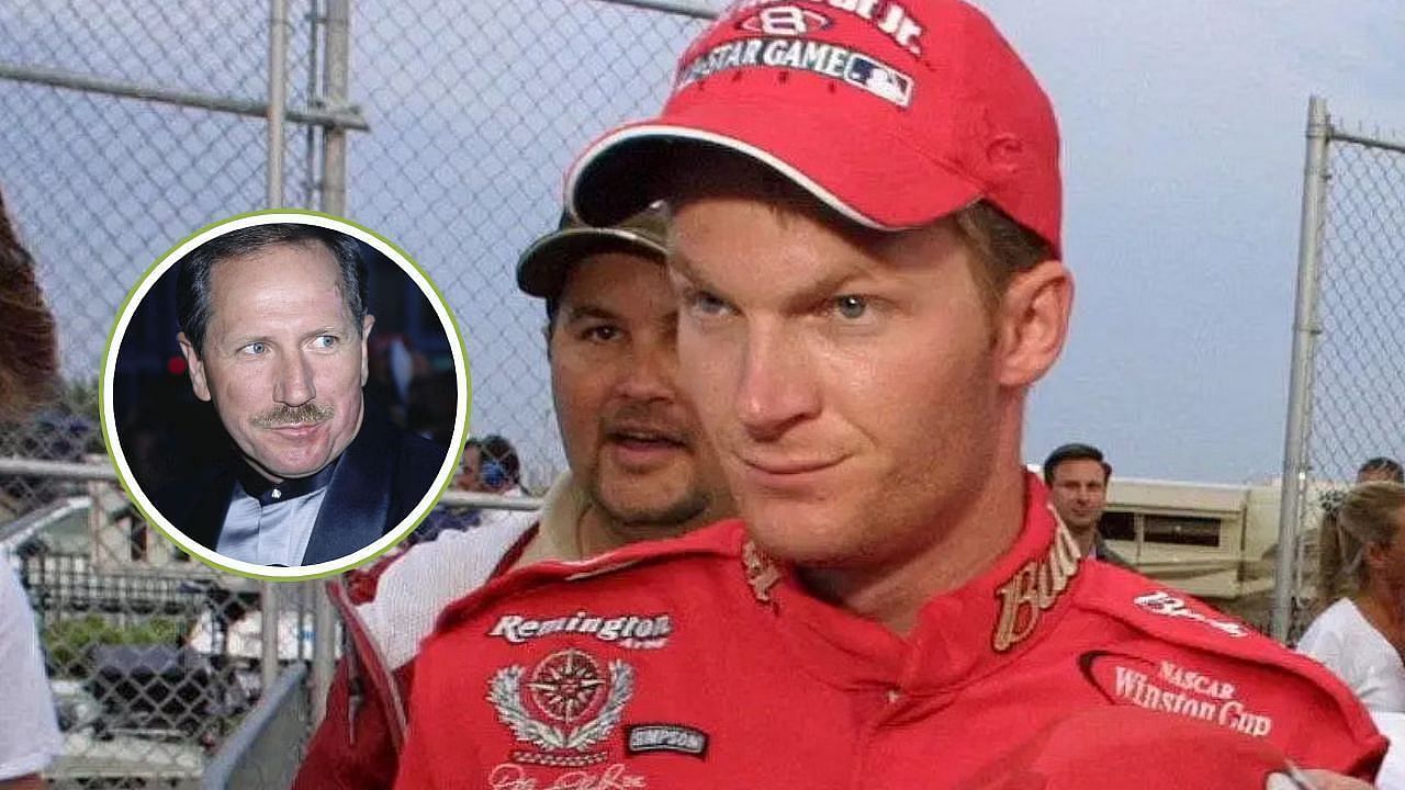 NASCAR Hall of Famer Dale Earnhardt Jr. in 2001, (inset) Dale Earnhardt Sr. (via Getty)