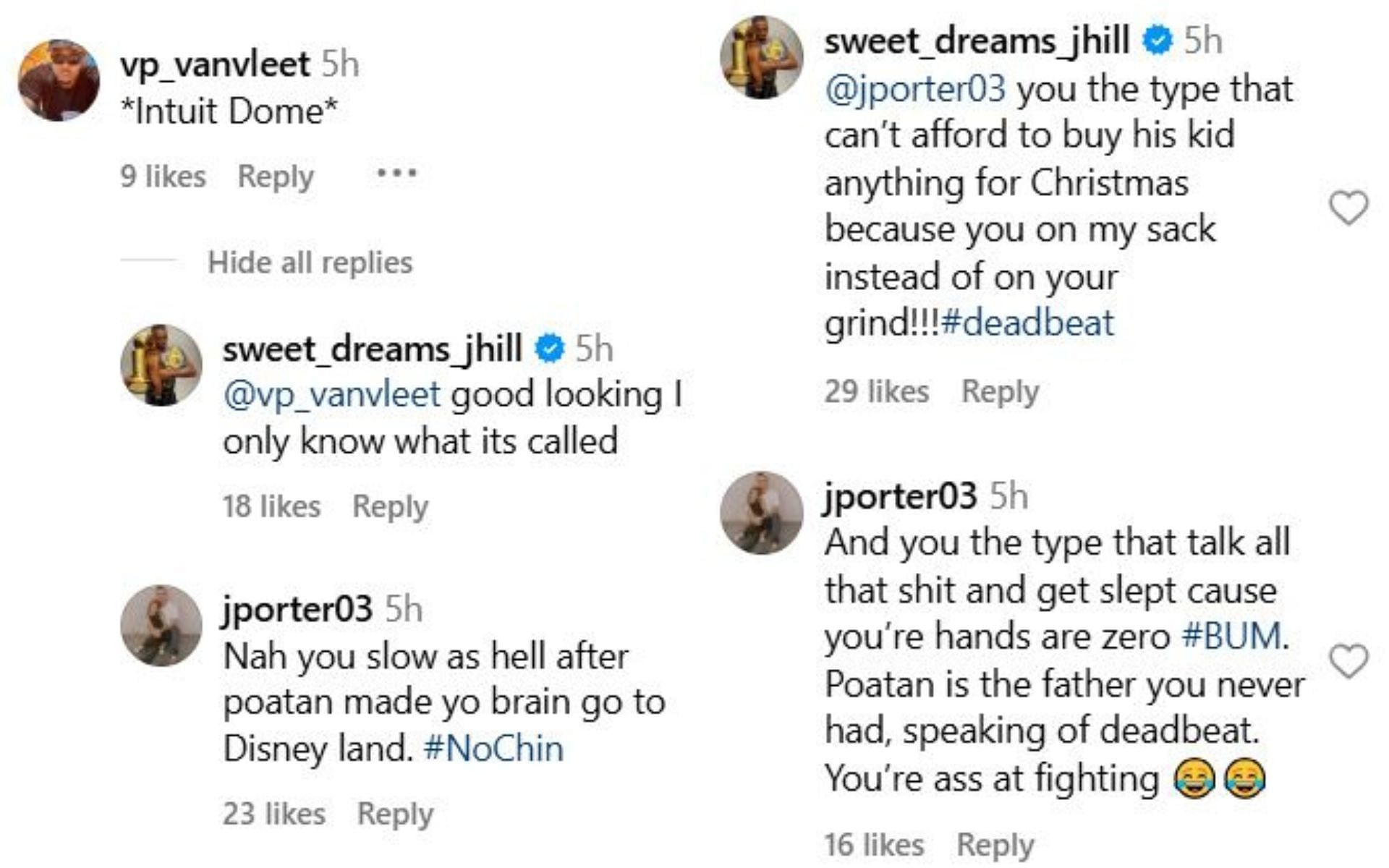 Comments thread on Jamahal Hill&#039;s post. [Image credit: @sweet_dreams_jhill on Instagram]