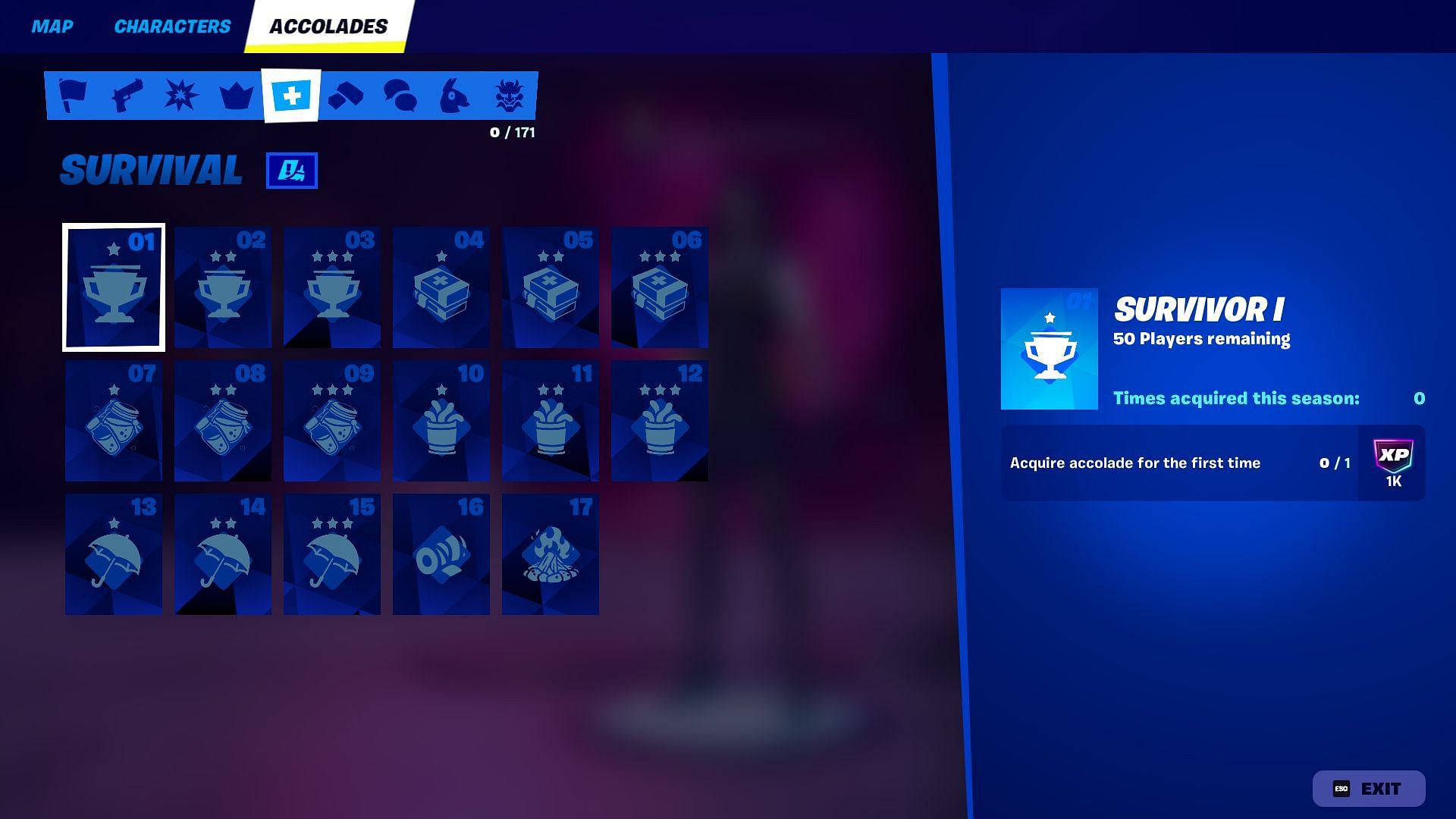 List of all Survival Accolades in Fortnite Chapter 6 Season 1 (Image via Epic Games)