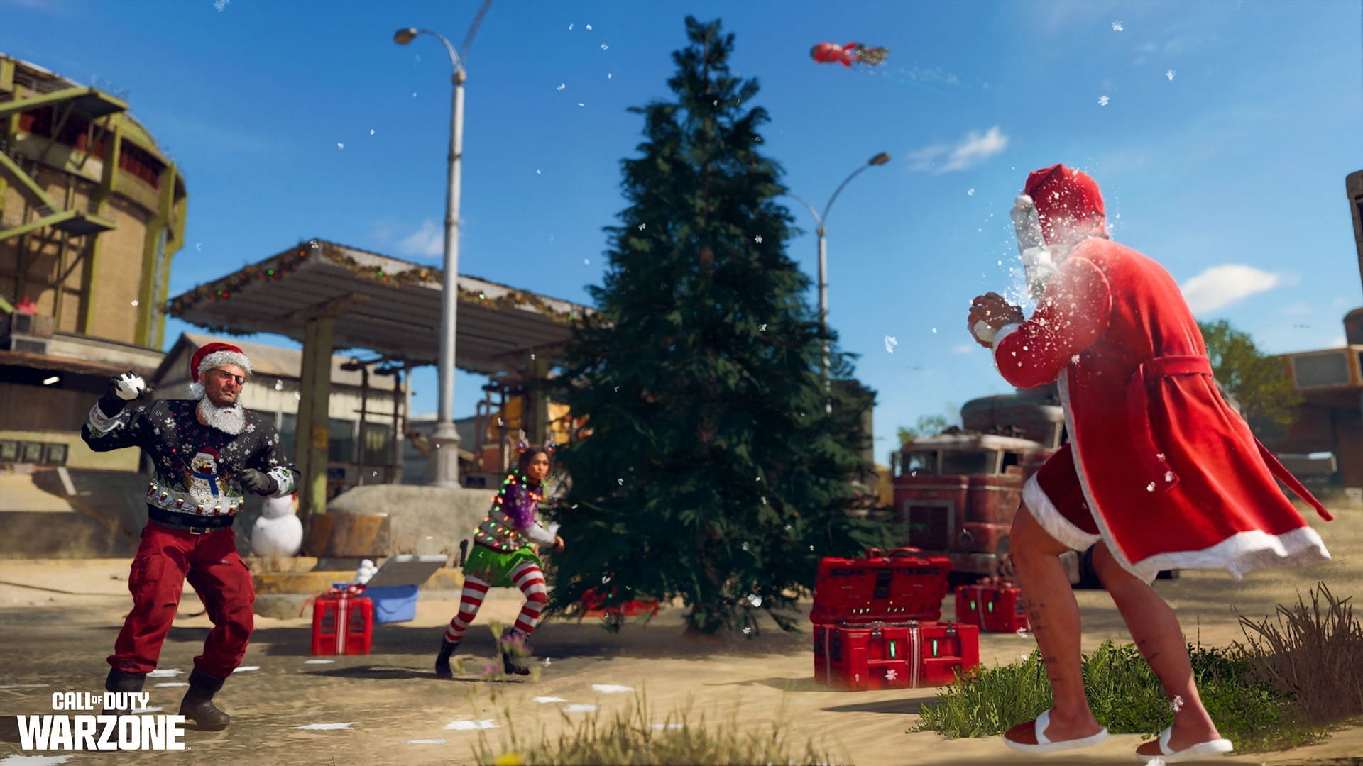 Three Operators in Warzone playing with snowballs wearing Christmas-themed costume