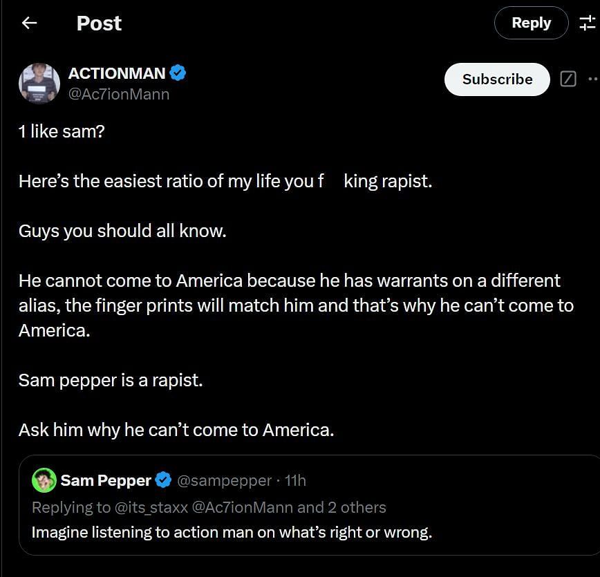 The post calling out Sam Pepper (Image via @Ac7ionMann/X)