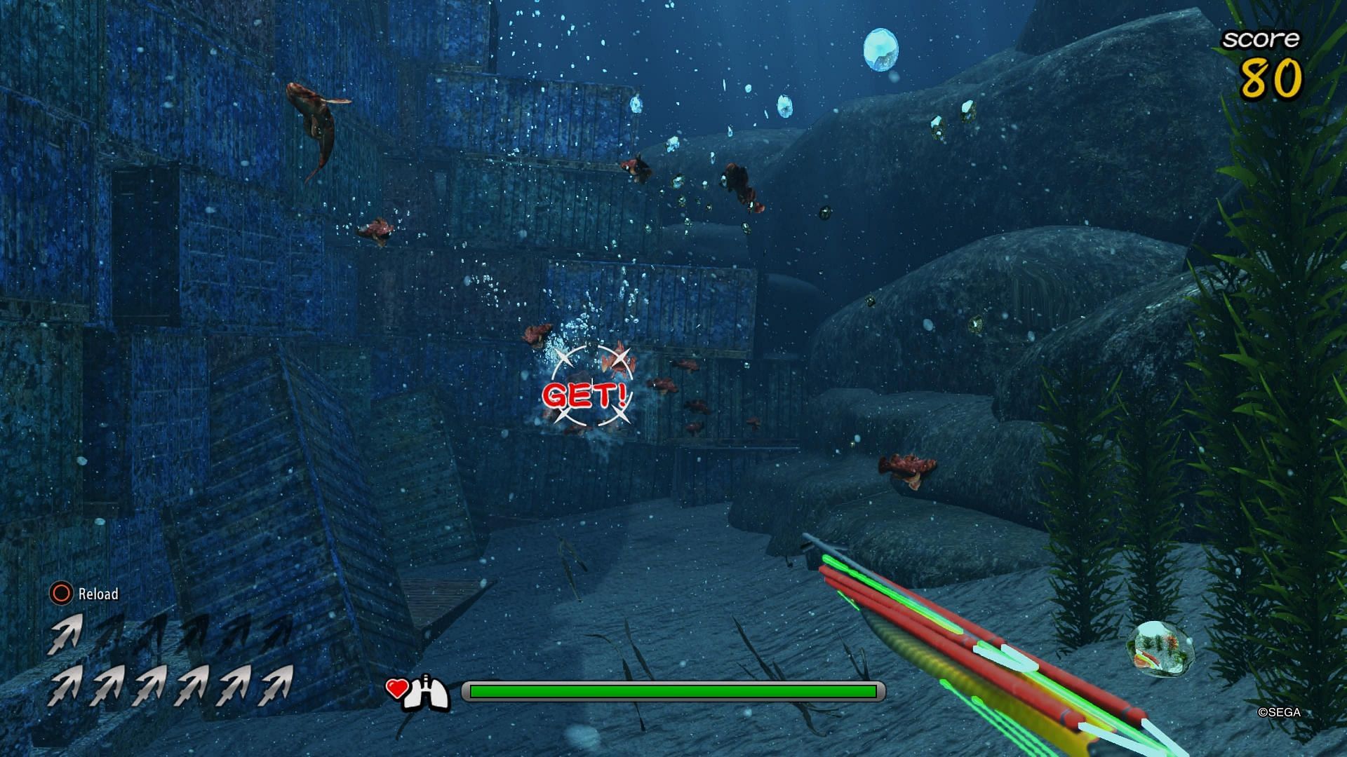 Yakuza 6&#039;s spearfishing mode allows you to use underwater harpoon guns (Image via Sega)