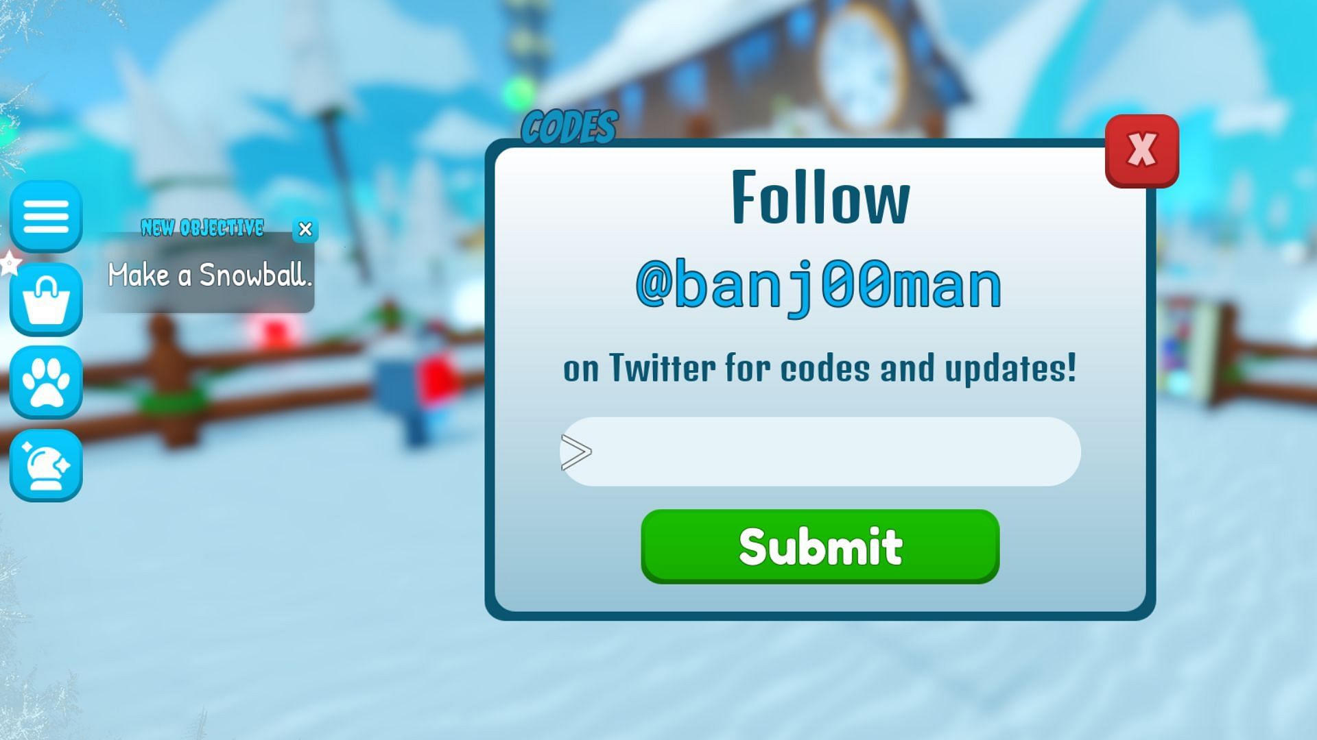 Redeeming codes in Snowman Simulator (Image via Roblox)