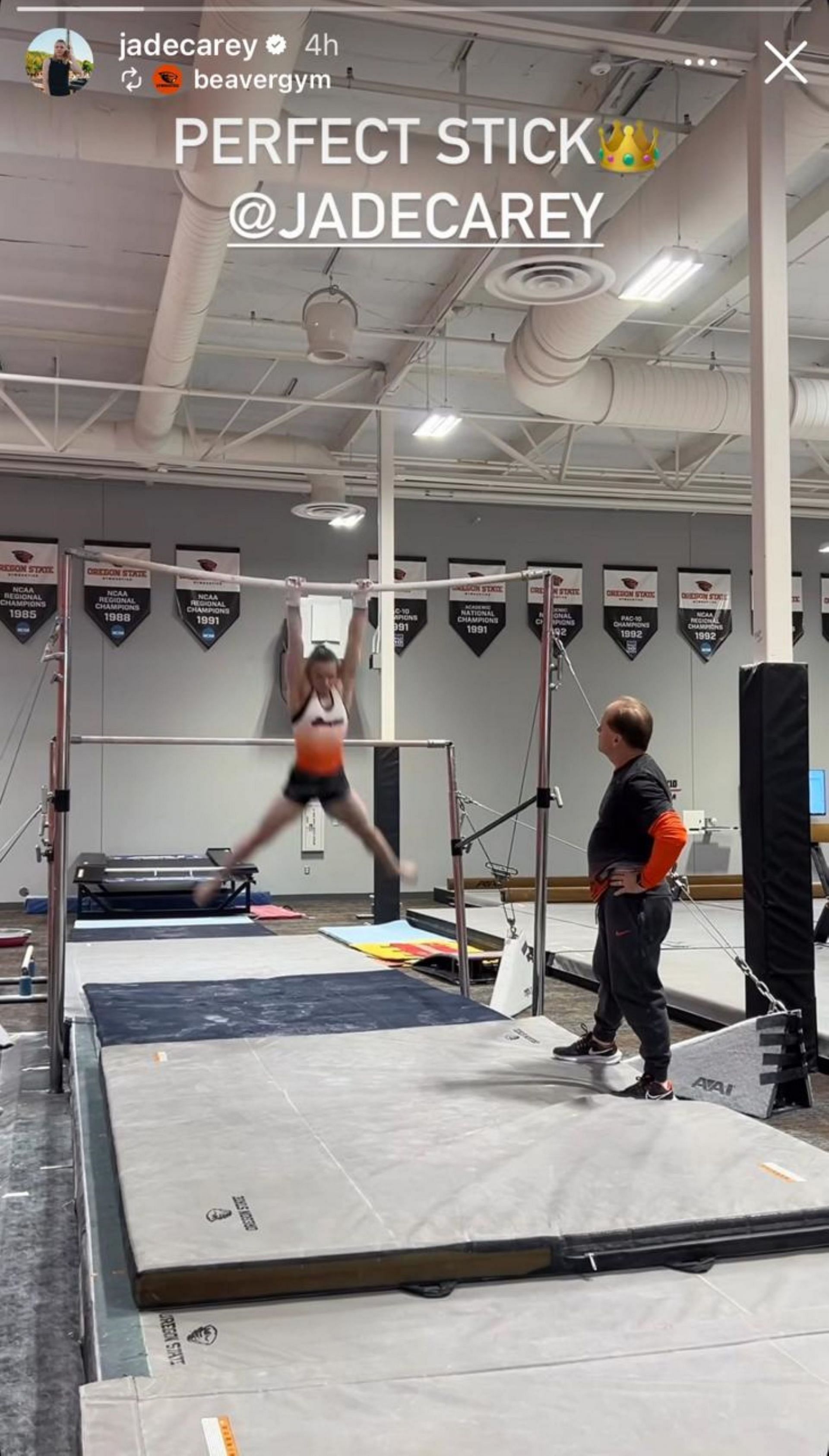 Jade Carey sticks a perfect uneven bars landing; Instagram - @jadecarey