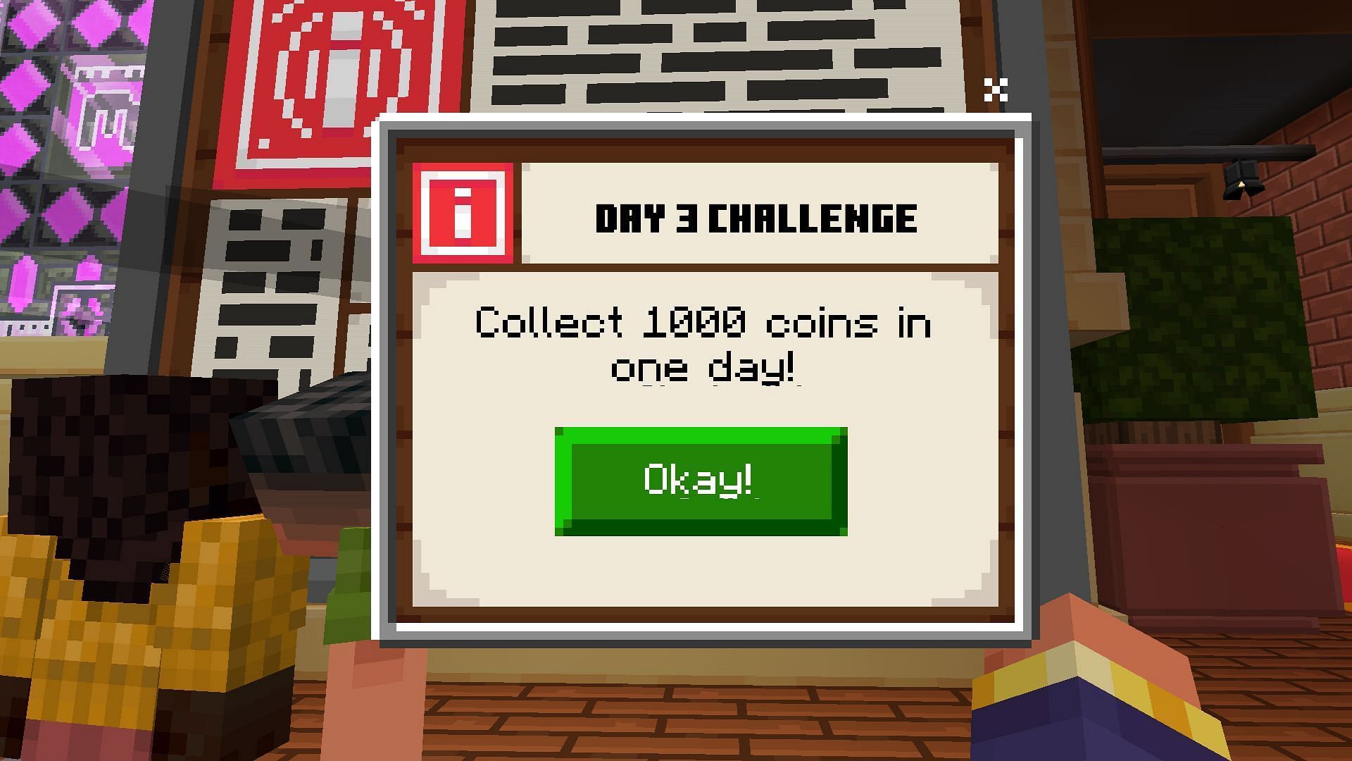 Check the board for info on the Day 3 Challenge (Image via Mojang Studios)