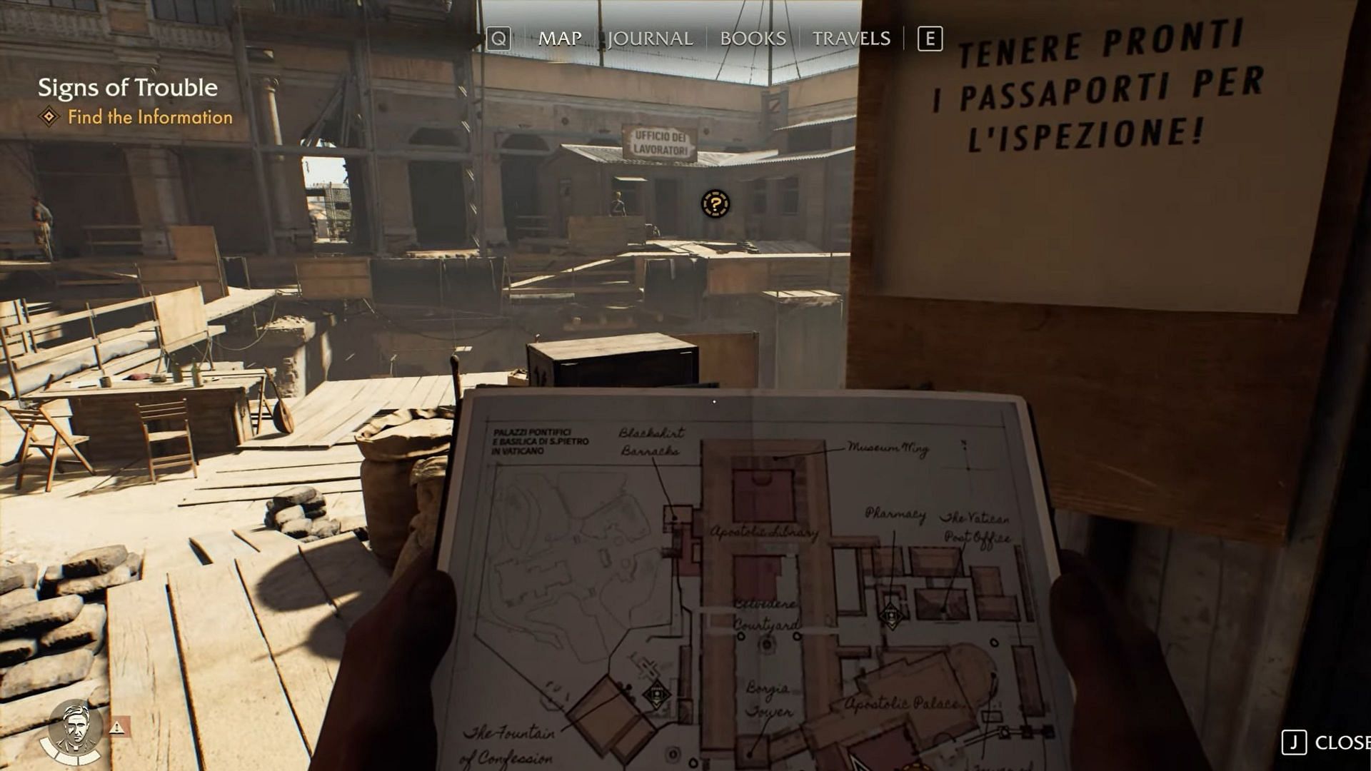 Explore the marked building, optionally equipping the Blackshirt disguise to make traveling easier (Image via Bethesda/ YouTube@ Game Guides Channel)