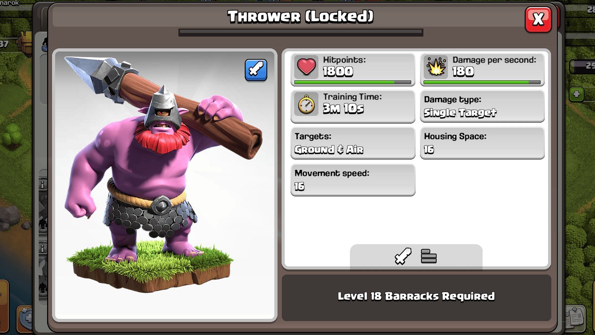 Thrower&#039;s stats at Level 1 (Image via Supercell)