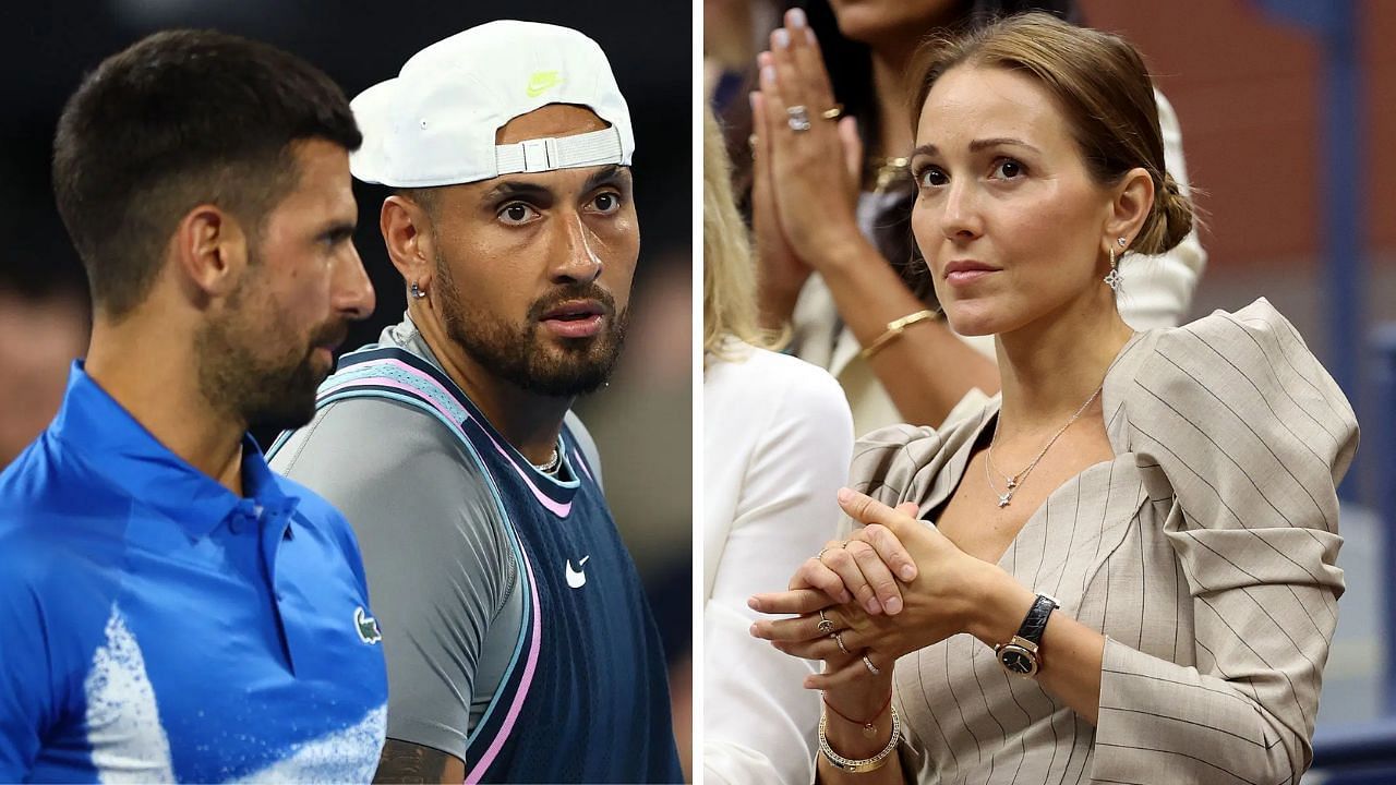 Jelena Djokovic reacts to husband and Nick Kyrgios kicking things off in style (source - GETTY)