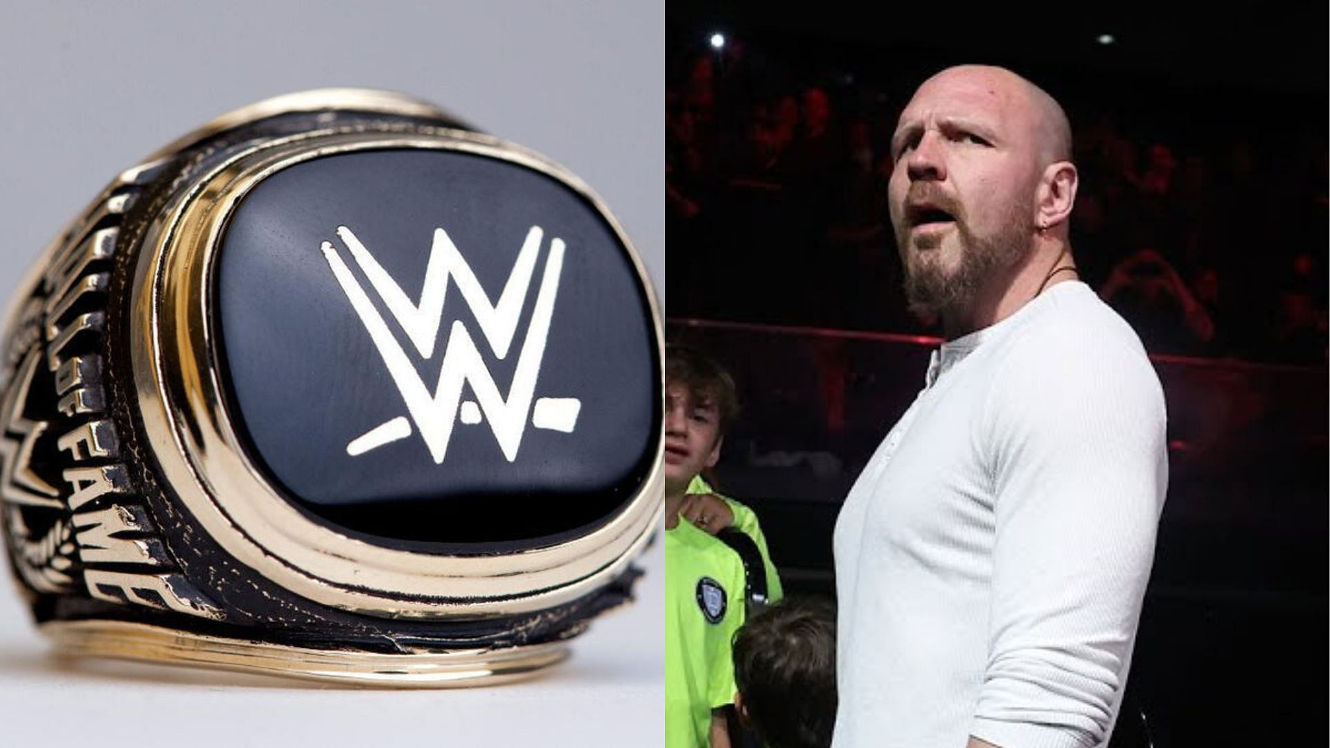 WWE Hall of Fame ring (left) and Jon Moxley (right). (Image credits: wwe.com &amp; AEW YouTube channel)