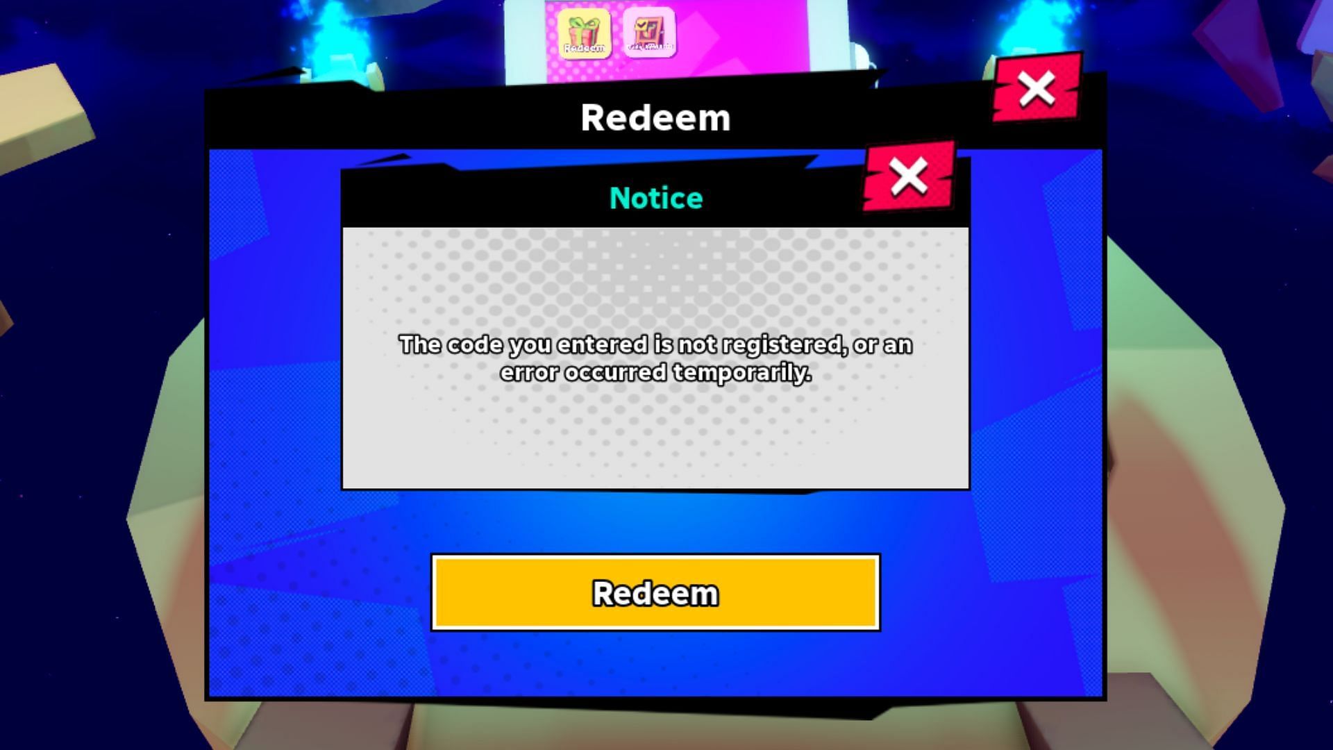 A Rift Hunters invalid code error (Image via Roblox)