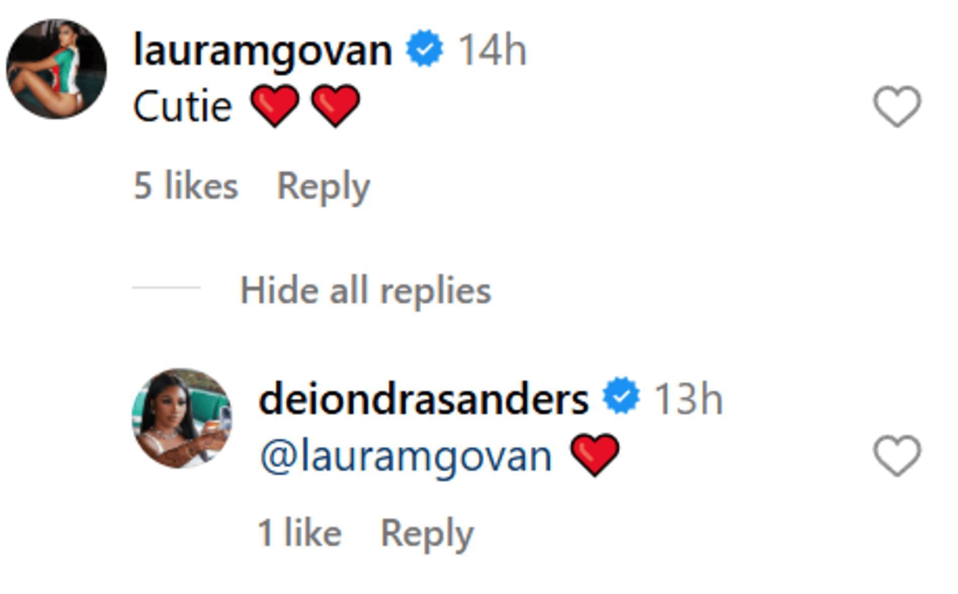 Laura Govan comments on Deiondra Sanders&#039; holiday post (Source: Instagram/@deiondrasanders)