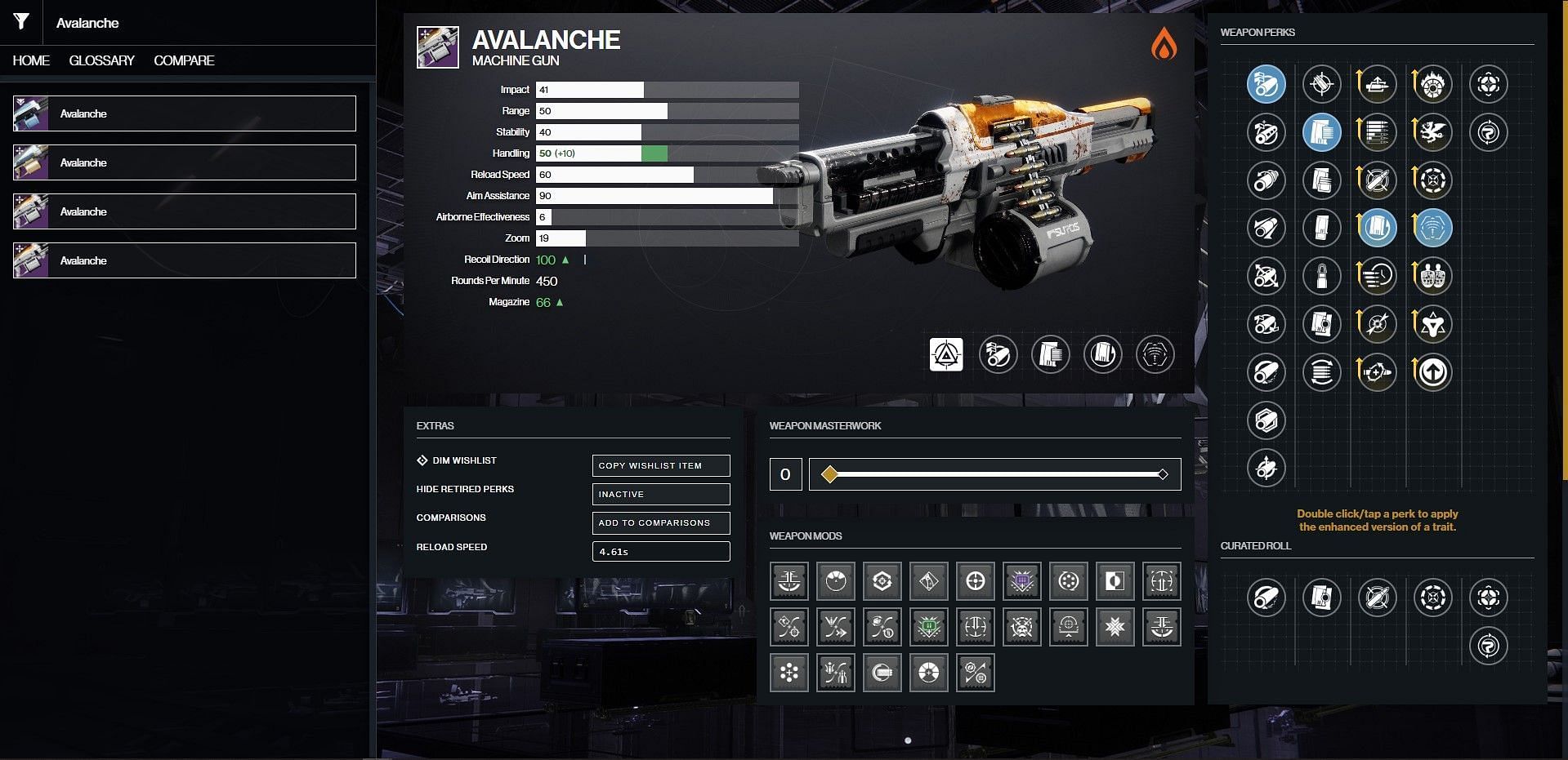 Avalanche PvE god roll (Image via Bungie || D2Gunsmith)