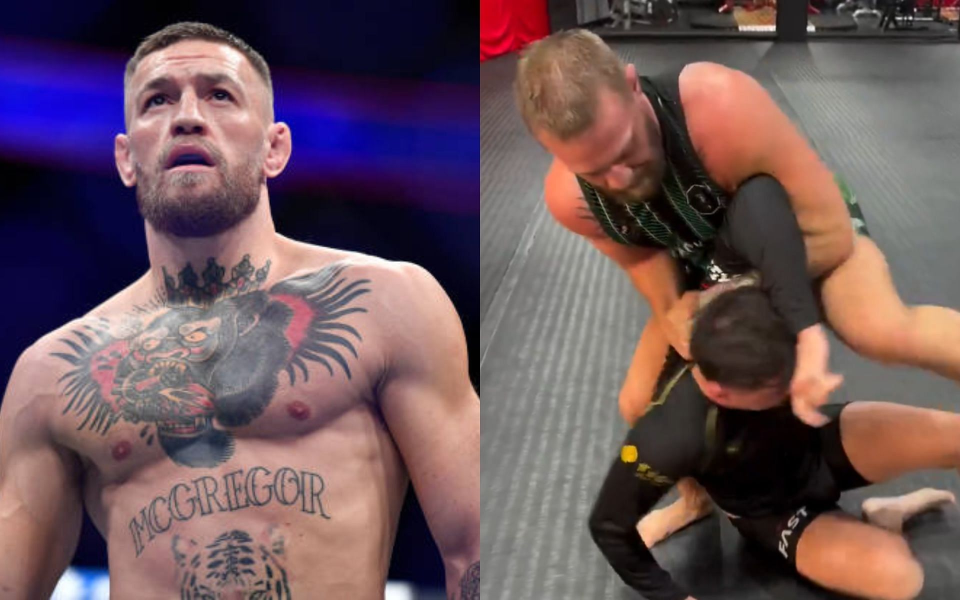 Conor McGregor (left) breaks down training footage (right) [Image credits: Getty Images; @Home_of_Fight/X]